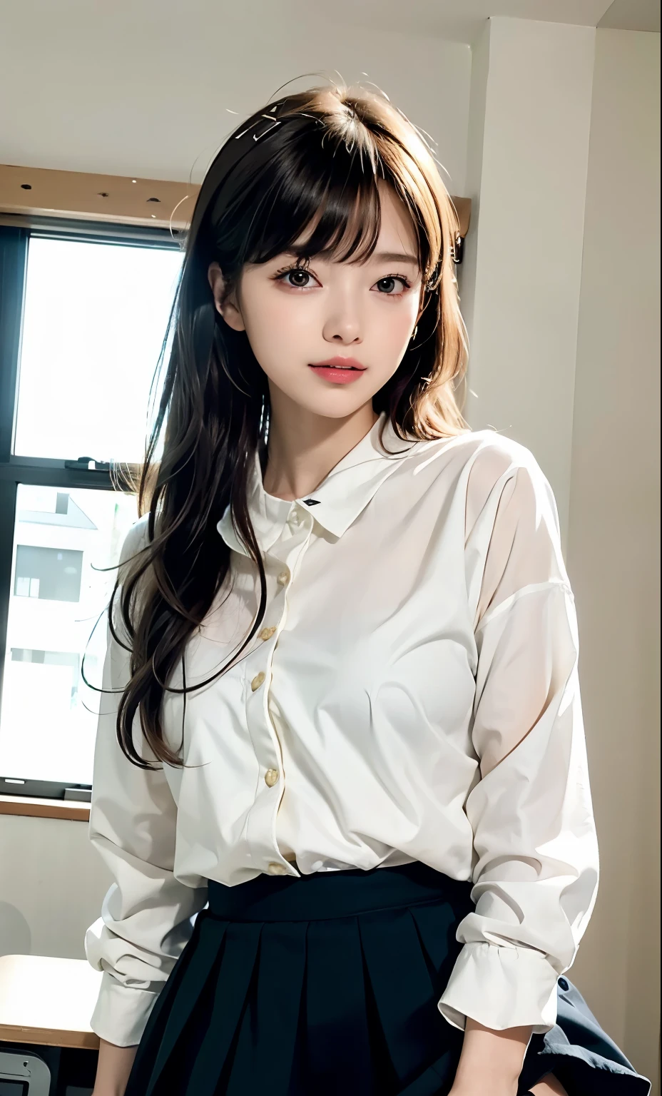 (8k, RAW Photos, Realistic:1.25) ,( Lip gloss, eyelash, Shining Face, Glowing Skin, highest quality, Ultra-high resolution, Written boundary depth, chromatic aberration, Caustics, Wide-area lighting, Natural Shading,K-POPアイドル) She looks calmly at the viewer., Happiness like a goddess., High school classroom, Sailor suit, mini skirt