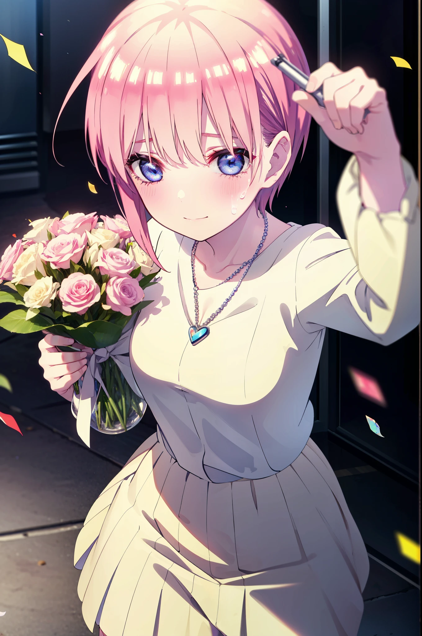 ichikanakano, ichika nakano, short hair, bangs, blue eyes, Hair between the eyes, smile,Pink Hair,,smile,blush,白色No sleeveドレス,Long skirt,White stiletto heels,No sleeve,naked,nakedの腕,nakedの首,nakedの鎖骨,holding a large bouquet of flowers in each hand,Locket Necklace,Confetti,There is a birthday cake on the table,Tears stream down her face,Sad and crying,Cry a lot,So that the whole body goes into the illustration,
break indoors, on stage,venue,
break looking at viewer, (Cowboy Shot:1.5),
break (masterpiece:1.2), highest quality, High resolution, unity 8k wallpaper, (shape:0.8), (Beautiful details:1.6), Highly detailed face, Perfect lighting, Highly detailed CG, (Perfect hands, Perfect Anatomy),