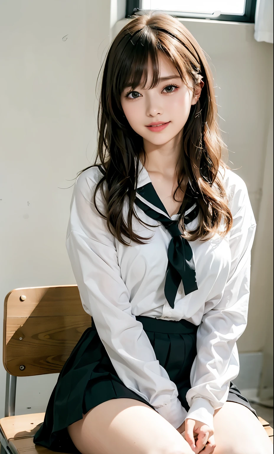 (8k, RAW Photos, Realistic:1.25) ,( Lip gloss, eyelash, Shining Face, Glowing Skin, highest quality, Ultra-high resolution, Written boundary depth, chromatic aberration, Caustics, Wide-area lighting, Natural Shading,K-POPアイドル) She looks calmly at the viewer., Happiness like a goddess., High school classroom, Sailor suit, mini skirt
