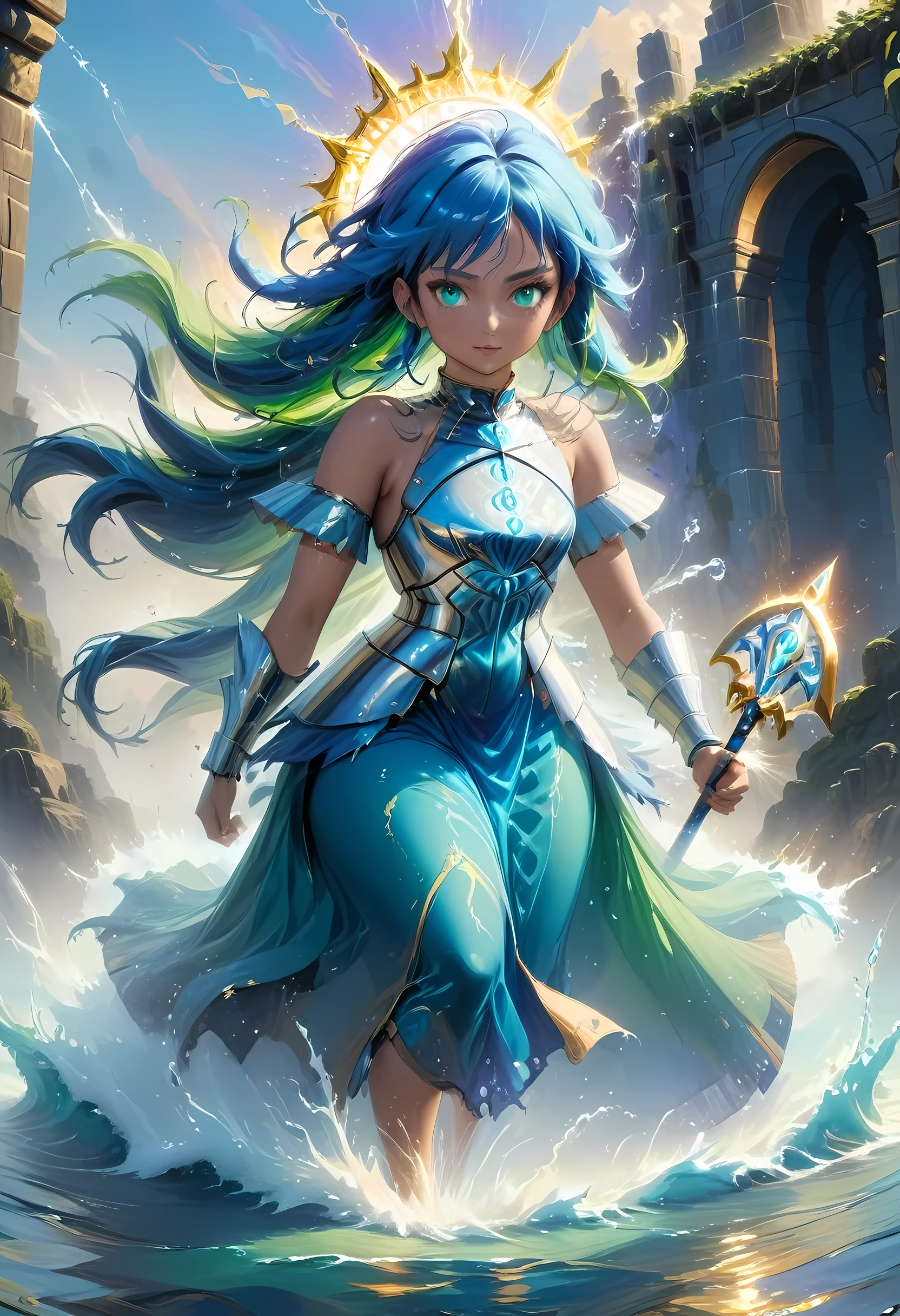 high details, best quality, 8k, [ultra detailed], masterpiece, best quality, (extremely detailed), full body, ultra wide shot, photorealistic, fantasy art, dnd art, rpg art, realistic art, an ultra wide picture of a female human (1.5 intricate details, Masterpiece, best quality) goddess of water  ((watery radiant aura)), controlling a swirling streams of watery magic (1.5 intricate details, Masterpiece, best quality), manipulating purple radiant magical symbols, [[divine symbols]] (1.5 intricate details, Masterpiece, best quality), human female, blue  hair, long hair with aura, hair with green radiant eyes, intense eyes, holding a trident, ((radiant eyes)), (( green glowing eyes)), dynamic clothing, fantasy sea background, stresms of sea water,  celestial  background, ((divine worship atmosphere)), high details, best quality, highres, ultra wide angle, ArmoredDress, faize