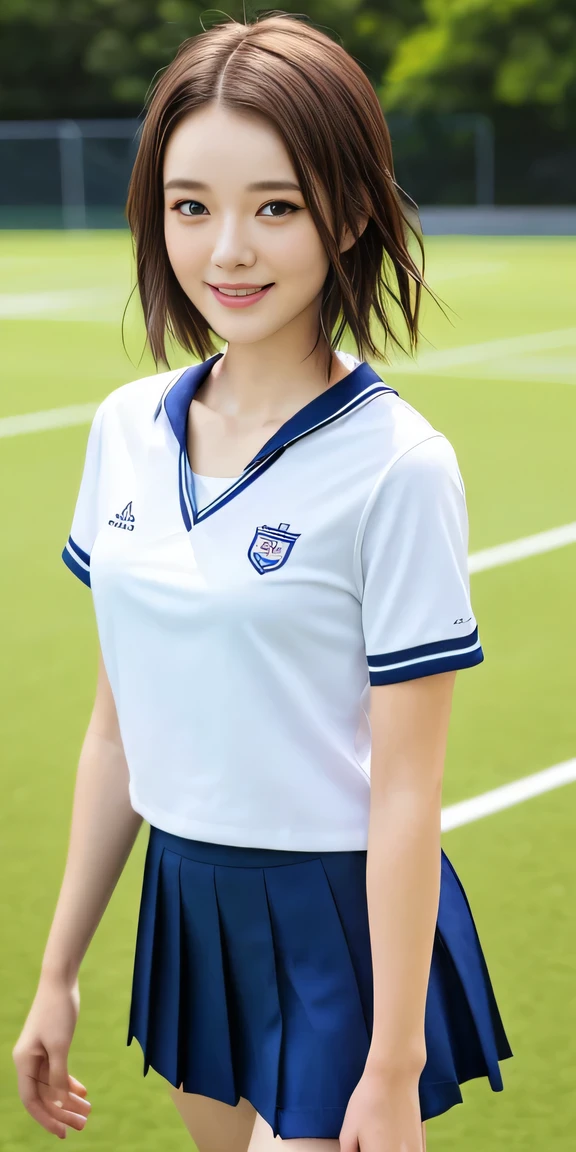 ,(Do not enphasize the top of bust), Amazing face and eyes, (silky brown hair, (hime cut hair:1.2)), , , delicate, (Best Quality:1.4), (Ultra-detailed), (extremely detailed beautiful face),, brown eyes, (highly detailed Beautiful face), , (extremely detailed CG unified 8k wallpaper), Highly detailed, High-definition raw color photos, Professional Photography, Realistic portrait, Extremely high resolution, ,, ,,(Photo from the thigh up:1.2), smile, (standing),((arms at sides down)), neat college girl, person, (school uniform, summer clothes, short sleeves), outside the athletic field, (slim, small, flat, small), photorealistic, detail, skin texture, ultra detail, delicate and sexy collarbone, smile, super detailed face, detailed lips, detailed eyes, double eyelids,