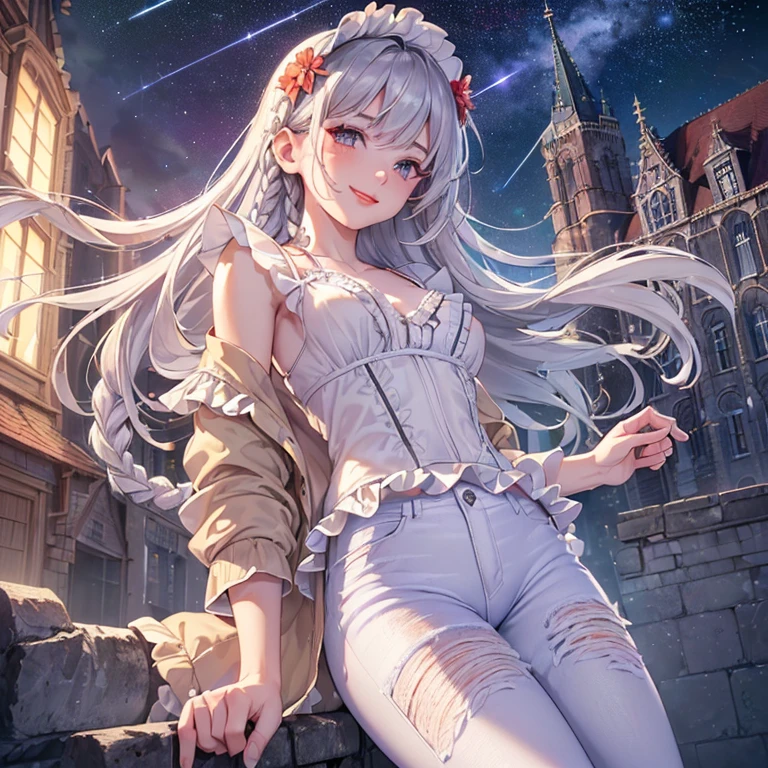 (((((leathe_jacket))))),(((((white_Frills_camisole))))),(((((jeans))))),(((((face_focus))))),((((from diagonally below)))),(((cobblestone road))), (((vintage style building))),(((Silver Hair))),(((very long hair))),((Clear blue eyes)),((too many hair ornaments)),((gorgeous)),(((tiered layers skirt))),(((lace trimmed))),((hair blowing in the wind)),((strong wind)),((embroidery)),(diffraction of light),(tyndall effect),(((pale red lip))),(((fuller lips))),(((beeline))),(((sense of depth))),((highest quality)),((32K)),((HDR)),((Ultra-high resolution)),((RAW)),((Realism)),((masterpiece)),(Intricate details),(Delicate and beautiful details),Detailed eyes,Detailed facial features,glossy lips,((((madeon)))),((perfect anatomy)),gleaming skin,(best illuminate),(cinematic shadows),((absolutely resolution)),((incredibly absurdres)),((highres)),(refraction_1.4),((ultra detailed)),((with a castle)),((with a meteor shower)),((with a flower)),((landscape_composition)),(((smile))), (((dutch angle))),(((small breasts))), (((single braid))),