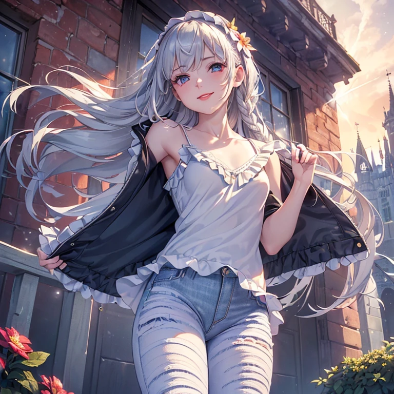 (((((leathe_jacket))))),(((((white_Frills_camisole))))),(((((jeans))))),(((((face_focus))))),((((from diagonally below)))),(((cobblestone road))), (((vintage style building))),(((Silver Hair))),(((very long hair))),((Clear blue eyes)),((too many hair ornaments)),((gorgeous)),(((tiered layers skirt))),(((lace trimmed))),((hair blowing in the wind)),((strong wind)),((embroidery)),(diffraction of light),(tyndall effect),(((pale red lip))),(((fuller lips))),(((beeline))),(((sense of depth))),((highest quality)),((32K)),((HDR)),((Ultra-high resolution)),((RAW)),((Realism)),((masterpiece)),(Intricate details),(Delicate and beautiful details),Detailed eyes,Detailed facial features,glossy lips,((((madeon)))),((perfect anatomy)),gleaming skin,(best illuminate),(cinematic shadows),((absolutely resolution)),((incredibly absurdres)),((highres)),(refraction_1.4),((ultra detailed)),((with a castle)),((with a meteor shower)),((with a flower)),((landscape_composition)),(((smile))), (((dutch angle))),(((small breasts))), (((single braid))),