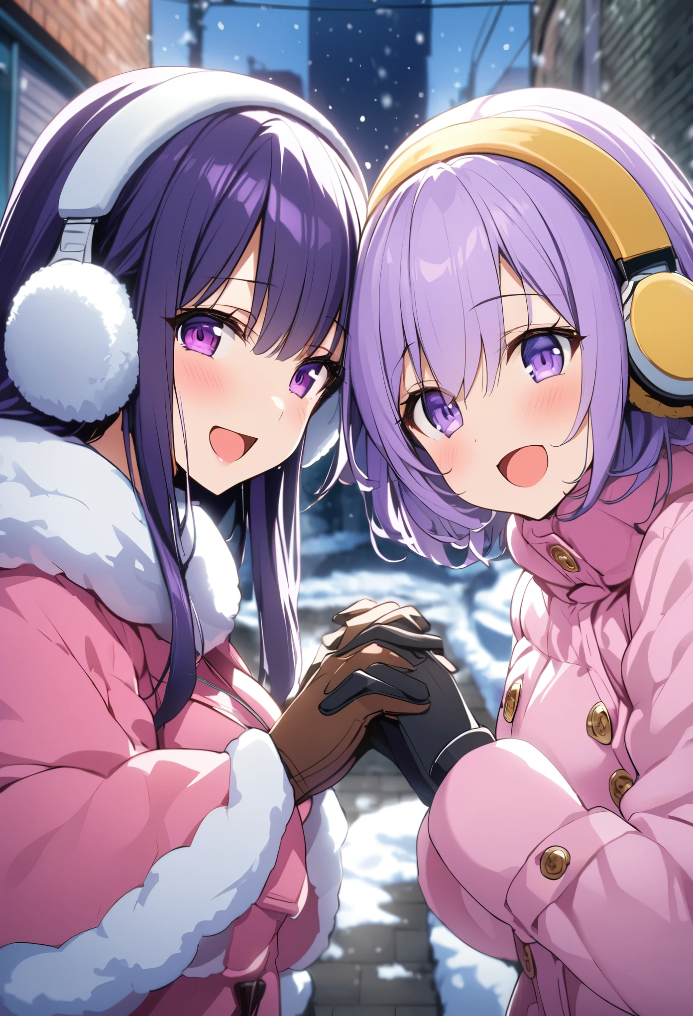 dark、midnight、Purple Hair、snowが降る、Alley、One Woman、Fluffy jacket、Pink outerwear、gloves、Earmuffs、Purple Hair、Purple Eyes、snowが降る、snow、Join hands、Close ~ eyes、LOL、