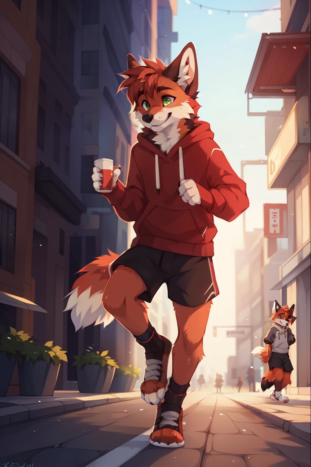 solo，Male，orange fox，Brown limbs，Brown paws and ears，Green eyes，Red sweatshirt with grey sleeves，Energetic youth，On the streets of the city,footwear， ((by keihound, by reysi)), by Zackary911, by hyattlen, by fumiko, by fluff-kevlar, Furry, Anthro