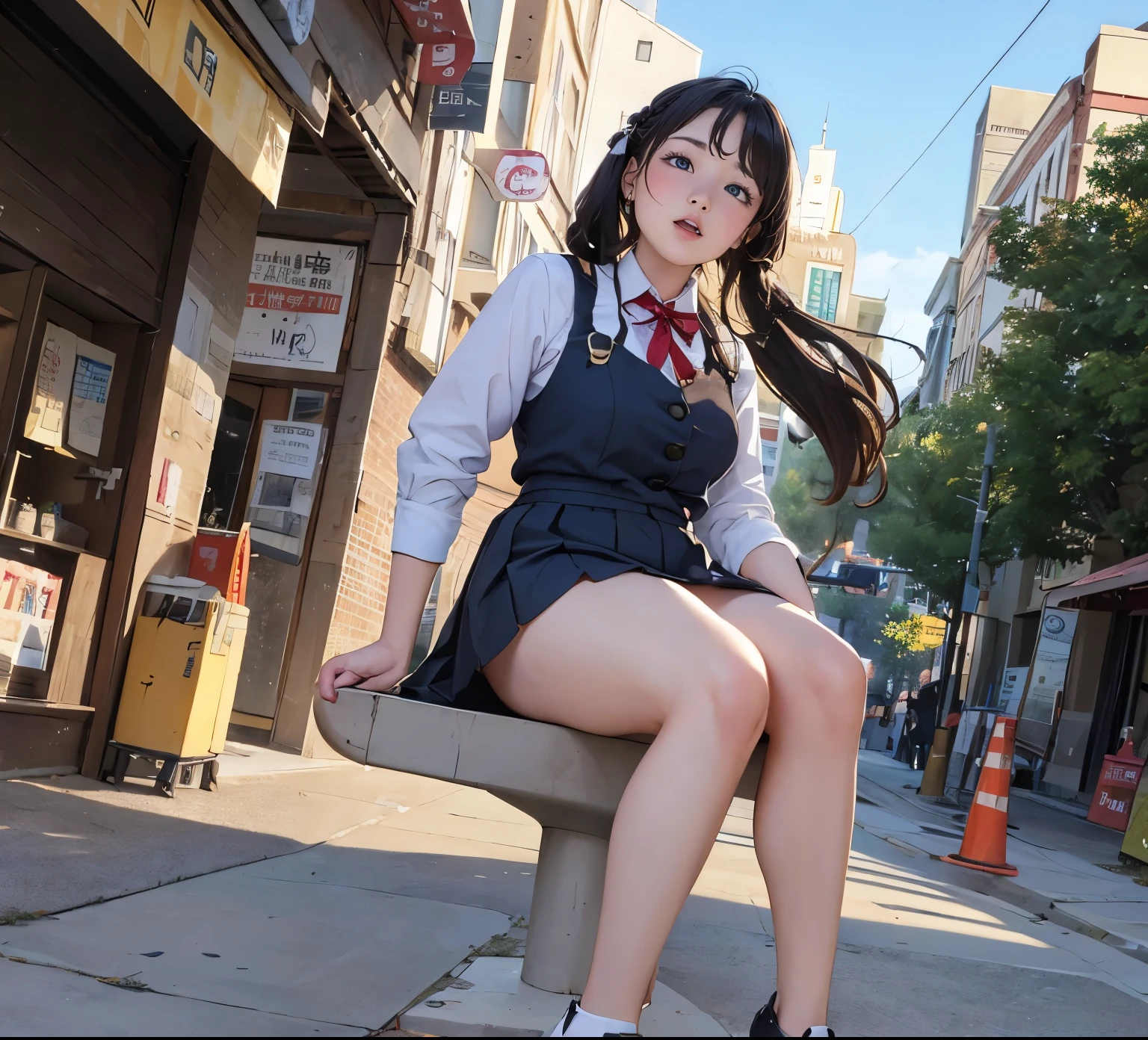 angle from below, pencil-skirt, drooping eyes, realistic skin, shame, open legs, (straddle the stone-bollard for masturbation, panties, open mouth), ((dark hour of down, downtown)),