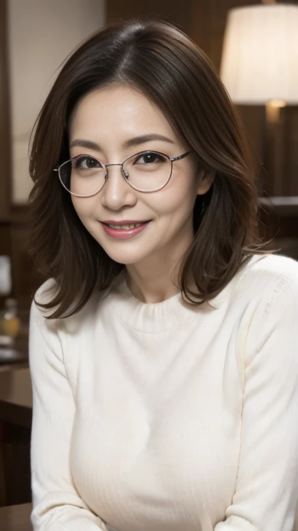 Mature attractive sexy woman,50 years old, Shut,((Big Breasts:1.0)),(Facial wrinkles:1.3),light makeup,Light brown hair、((Tabletop))、Upper Body、A good attitude、((Full body photography:0.85)),8k, RAW Photos, highest quality, Laughter,masterpiece,highest quality、A gentle smile、A gaze that seduces viewers、((Short Bob))、Inside the family restaurant、((Beige knitwear))、denim、Sweaty skin、((Silver-rimmed glasses))