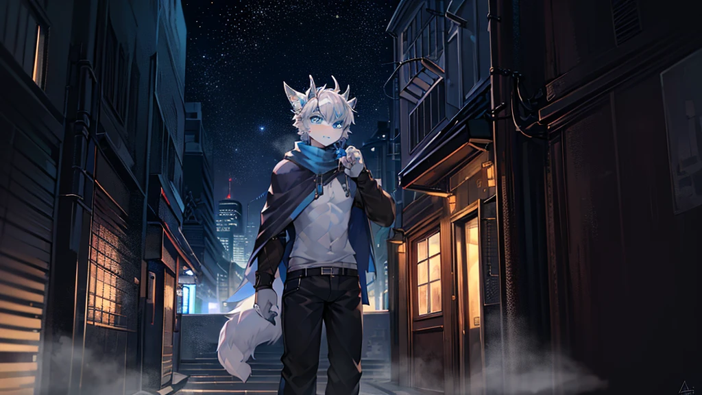 shota, long hair, blue eye, glow eye, femboy, broken city, snowfall, midnight, fox ear, deep blue ear, fox tail, deep blue fox, deep blue jacket, cute, collar, Two tail, space katana, God, fur body, full body, the lower body is nude, snow fox, character, master piece, fluffy tail, current, shy, Highest Quality, 8k, full HD, four ear fox, winter, own character, nude, nsfw, light blue hair, 10 years, super Shy, demon sexual tattoo pink, feeling hopeless, feeling sad, not happy, empty eye