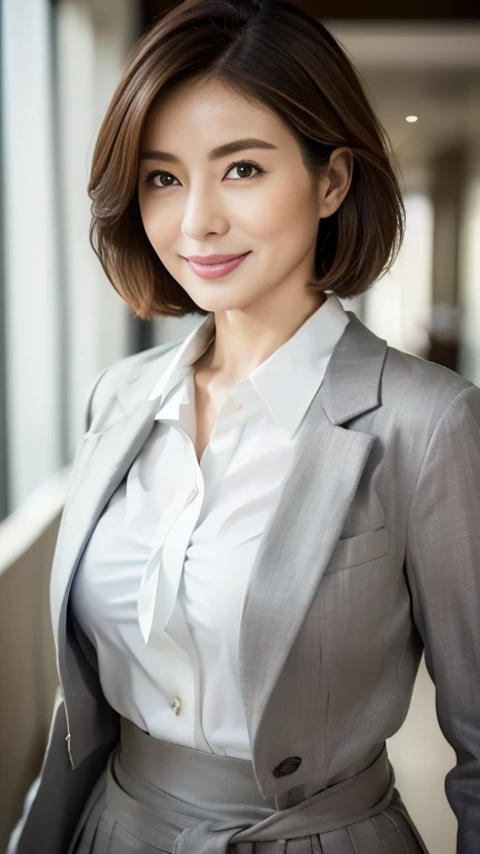 (highest quality,8k,masterpiece),
日本人Mature Woman,40 years,Mature Woman,Pure white skin, ((Tabletop))、((Upper Body))、((From the waist up))
Full breasts:1.1、 ((White collared blouse))、((Grey tailored jacket))、Brown medium hair、
,A gentle smile、A gaze that seduces viewers、Shopping Centre、
