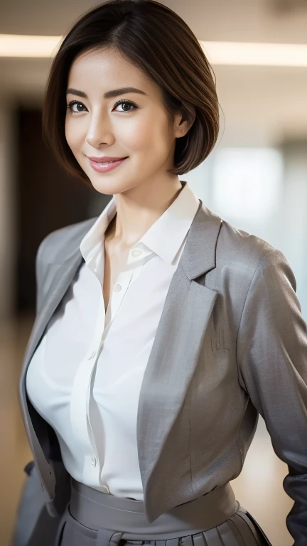 (highest quality,8k,masterpiece),
日本人Mature Woman,40 years,Mature Woman,Pure white skin, ((Tabletop))、((Upper Body))、((From the waist up))
Full breasts:1.1、 ((White collared blouse))、((Grey tailored jacket))、Brown medium hair、
,A gentle smile、A gaze that seduces viewers、Shopping Centre、