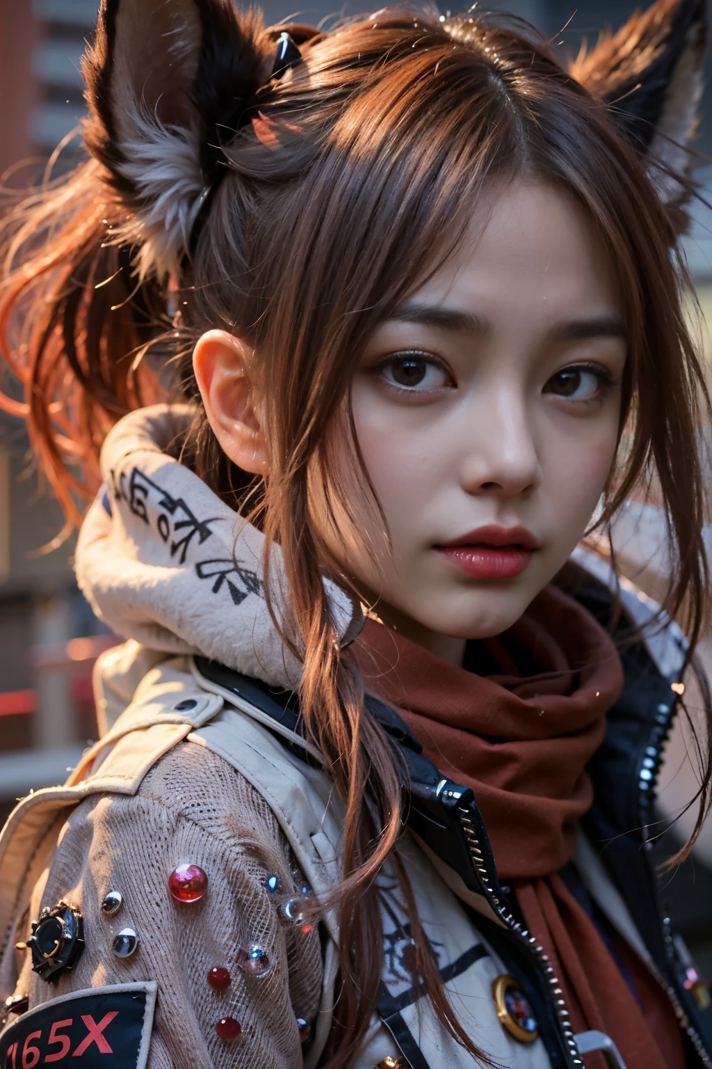 karate, ,( cry), Portrait of a person, Fantasy art, (cyber punk), A girl with fox ears and a fox tail,, Natural light, masterpiece, 1 beautiful girl, Detailed eyes, Swollen eyes, highest quality, A High resolution, Asian Beauties, Very very beautiful, Beautiful skins, Slender, Forward-facing body, (Surreal), (High resolution), (4K), (Very detailed),( Best illustrations), (Beautiful and detailed eyes), (Very detailed), Detailed face, Bright lighting, Professional Lighting, Vision, (lanthanum), ((warrior)),((Long Hair)),((cry)),((Colorful Hair)),((Red color splash)),One girl, (Short pigtails),Colorful Hair,flight, Short skirt,Pink ribbon,((16 year old female model)) ,Psychopath horror, Bloodstained、Drops of blood,( Stand neck long sleeve black jacket),(battlefield),( Dark Sky)