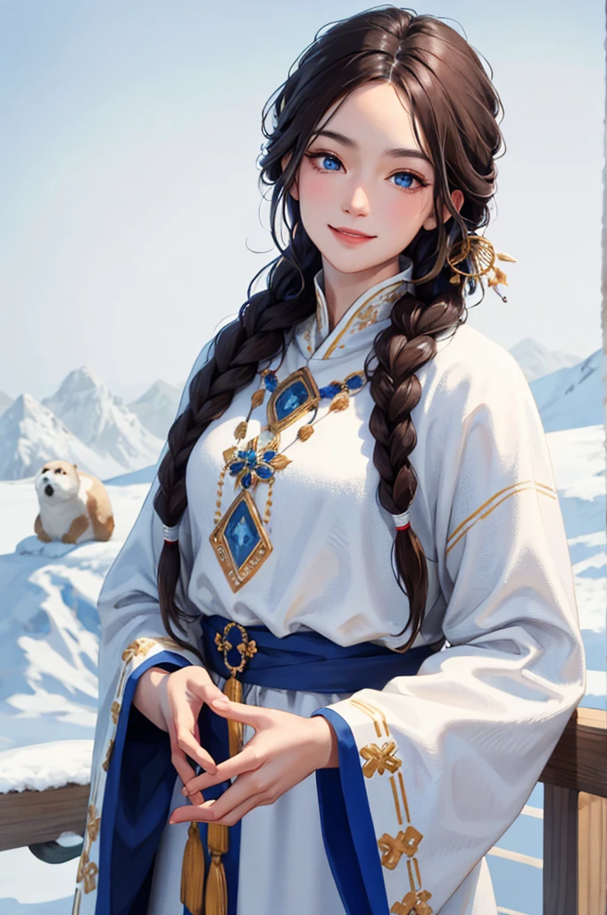 (masterpiece:1.2, best quality), (real picture, intricate details), 1lady, solo, upper body, casual, long hair, minimal makeup, natural fabrics, close-up face, smile, cold, snow, beautiful woman, long dark brown hair, long braids, two long braids, tan skin, Inuit, Inuit clothing, blue Inuit clothing, waterbender, blue eyes