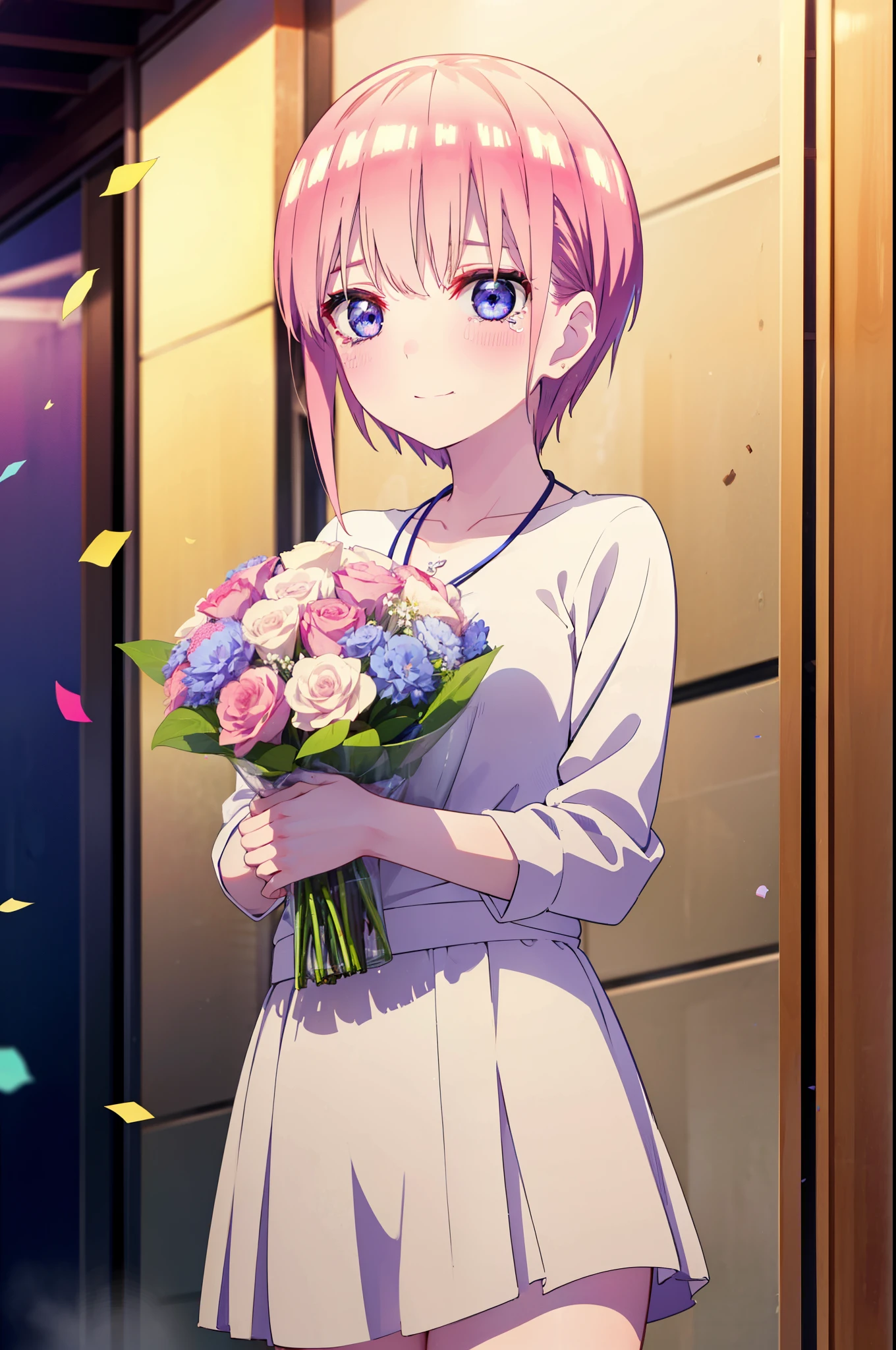 ichikanakano, ichika nakano, short hair, bangs, blue eyes, Hair between the eyes, smile,Pink Hair,,smile,blush,白色No sleeveドレス,Long skirt,White stiletto heels,No sleeve,naked,nakedの腕,nakedの首,nakedの鎖骨,holding a large bouquet of flowers in each hand,Locket Necklace,Confetti,There is a birthday cake on the table,Tears stream down her face,Sad and crying,Cry a lot,So that the whole body goes into the illustration,
break indoors, on stage,venue,
break looking at viewer, (Cowboy Shot:1.5),
break (masterpiece:1.2), highest quality, High resolution, unity 8k wallpaper, (shape:0.8), (Beautiful details:1.6), Highly detailed face, Perfect lighting, Highly detailed CG, (Perfect hands, Perfect Anatomy),