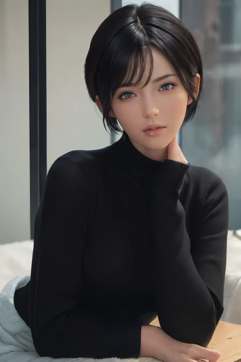 (masterpiece:1.3), (8k, photorealistic, RAW photo, best quality: 1.4), (1girl), beautiful face, (realistic face), (black hair, short hair:1.3), beautiful hairstyle, realistic eyes, beautiful detailed eyes, (realistic skin), beautiful skin, (sweater), absurdres, attractive, ultra high res, ultra realistic, highly detailed, golden ratio