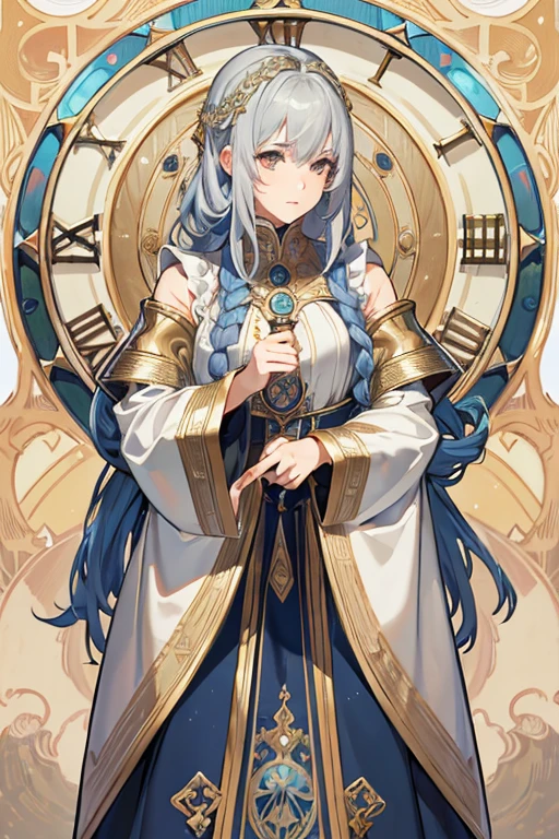 masterpiece、top-quality、hight resolution、High-quality images、8K、Metallic Color、grayscales、skin gloss、Texture of skin and clothing、detail、portlate、Detailed eye expression、Lustrous hair、poneyTail、Braided hair、full body Esbian、Three big clockilky way、by mucha、