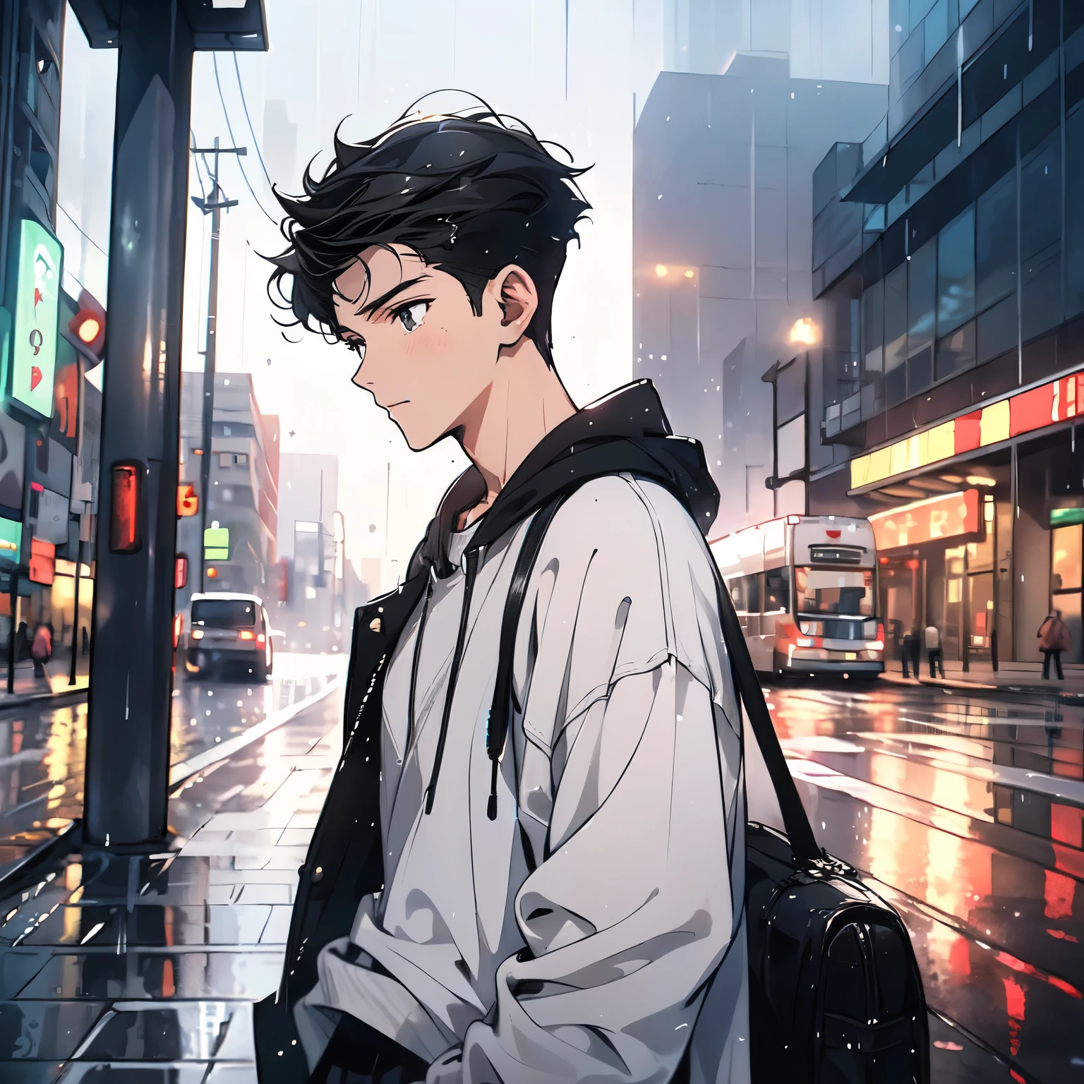 1man,masterpiece,best quality, ultra high res, dusk,cityscape,depth of field, short black messy hair, solo male