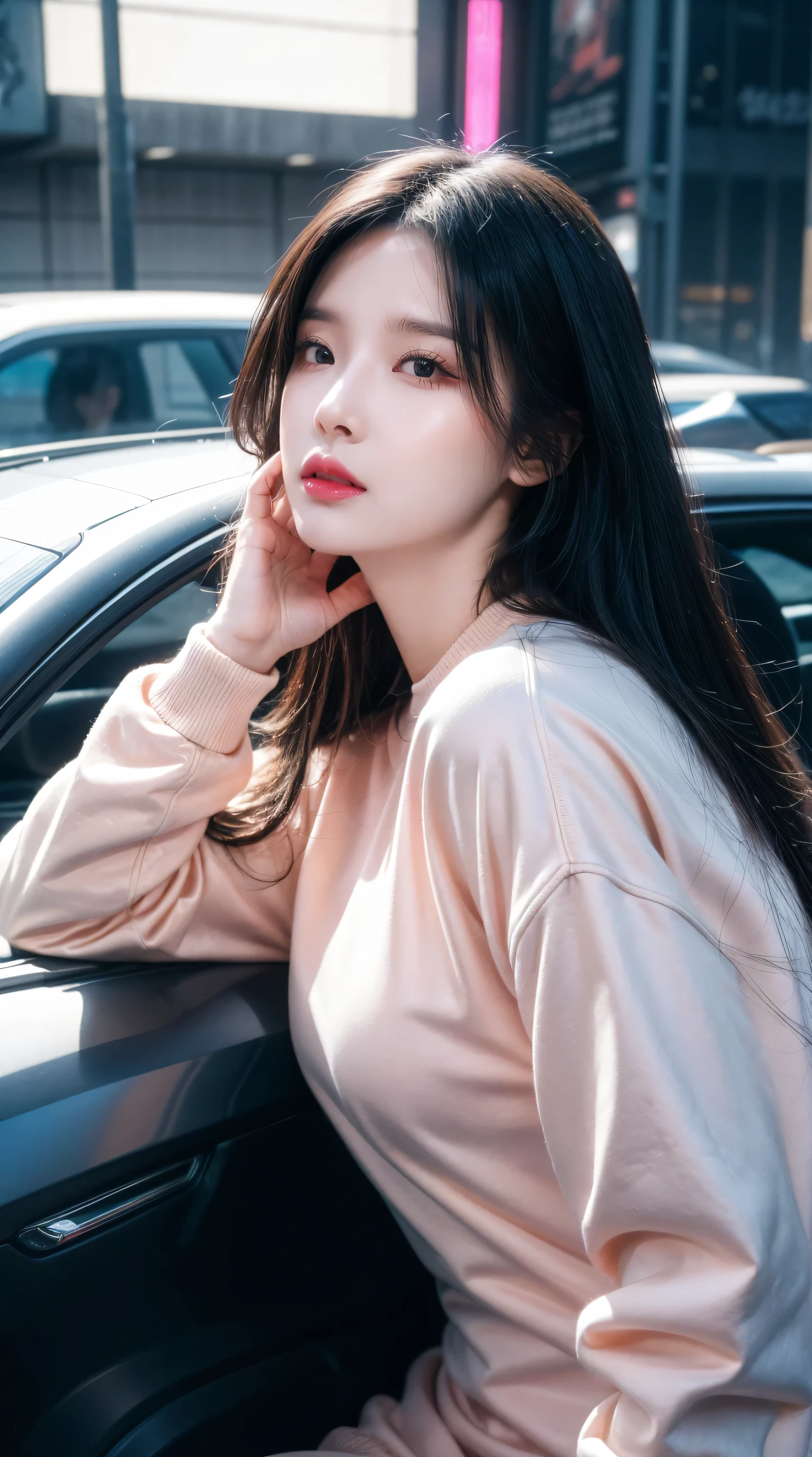 High angle shot of a beautiful young woman in cyberpunk style, Realistic skin texture, Look up;Inquire,Pink sweatshirt,Pose in the car, 1 / 2 Body cutting, 8 5mm art lens, 1. 2, Clear focus, 8k HD, Extremely detailed, Wheels within wheels, elegant, Liu Zhiwei and the Art of Cyberpunk