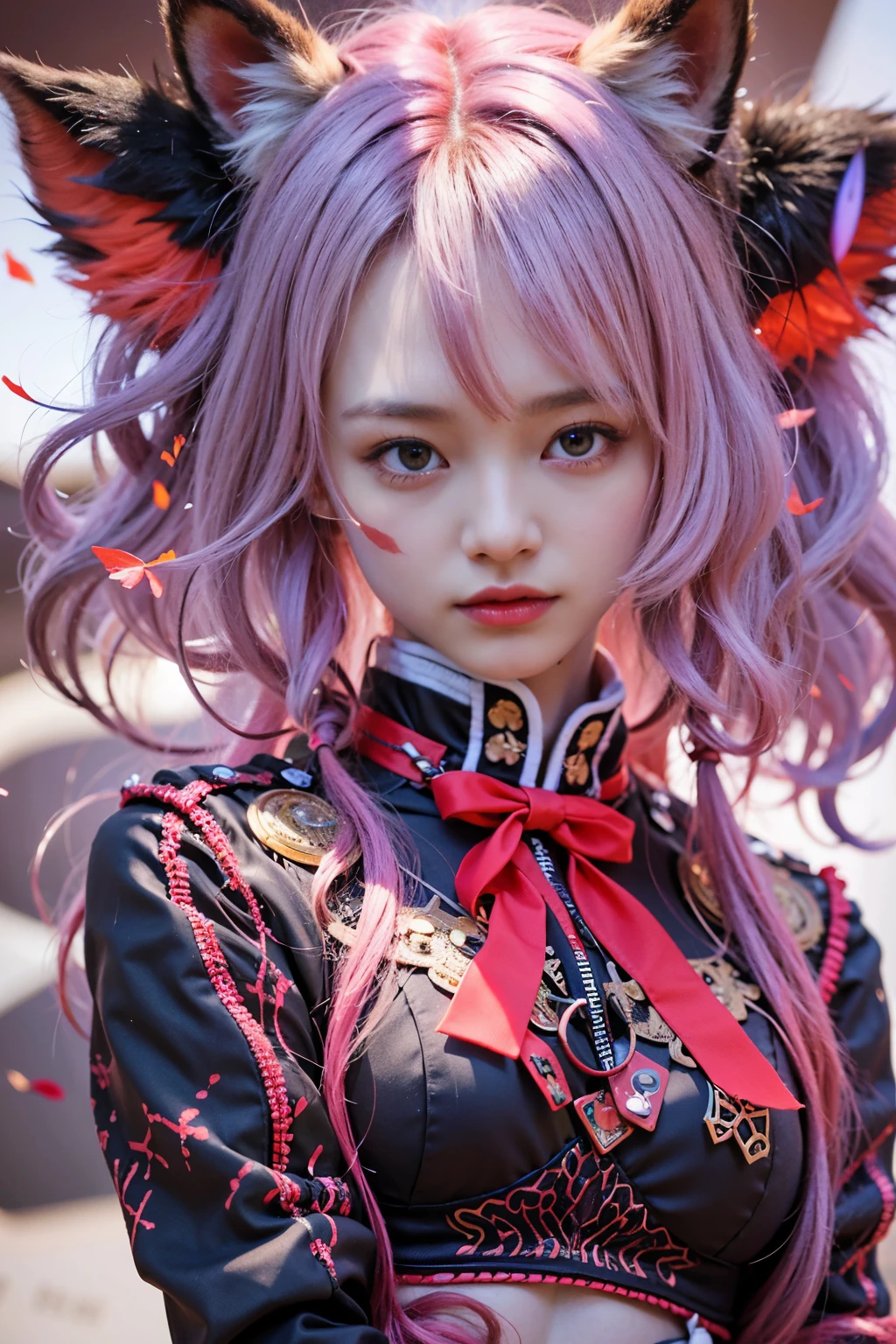 karate, ,( cry), Portrait of a person, Fantasy art, (cyber punk), A girl with fox ears and a fox tail,, Natural light, masterpiece, 1 beautiful girl, Detailed eyes, Swollen eyes, highest quality, A High resolution, Asian Beauties, Very very beautiful, Beautiful skins, Slender, Forward-facing body, (Surreal), (High resolution), (4K), (Very detailed),( Best illustrations), (Beautiful and detailed eyes), (Very detailed), Detailed face, Bright lighting, Professional Lighting, Vision, (lanthanum), ((warrior)),((Long Hair)),((cry)),((Colorful Hair)),((Red color splash)),One girl, (Short pigtails),Colorful Hair,flight, Short skirt,Pink ribbon,((16 year old female model)) ,Psychopath horror, Bloodstained、Drops of blood,( Stand neck long sleeve black jacket),(battlefield),( Dark Sky)