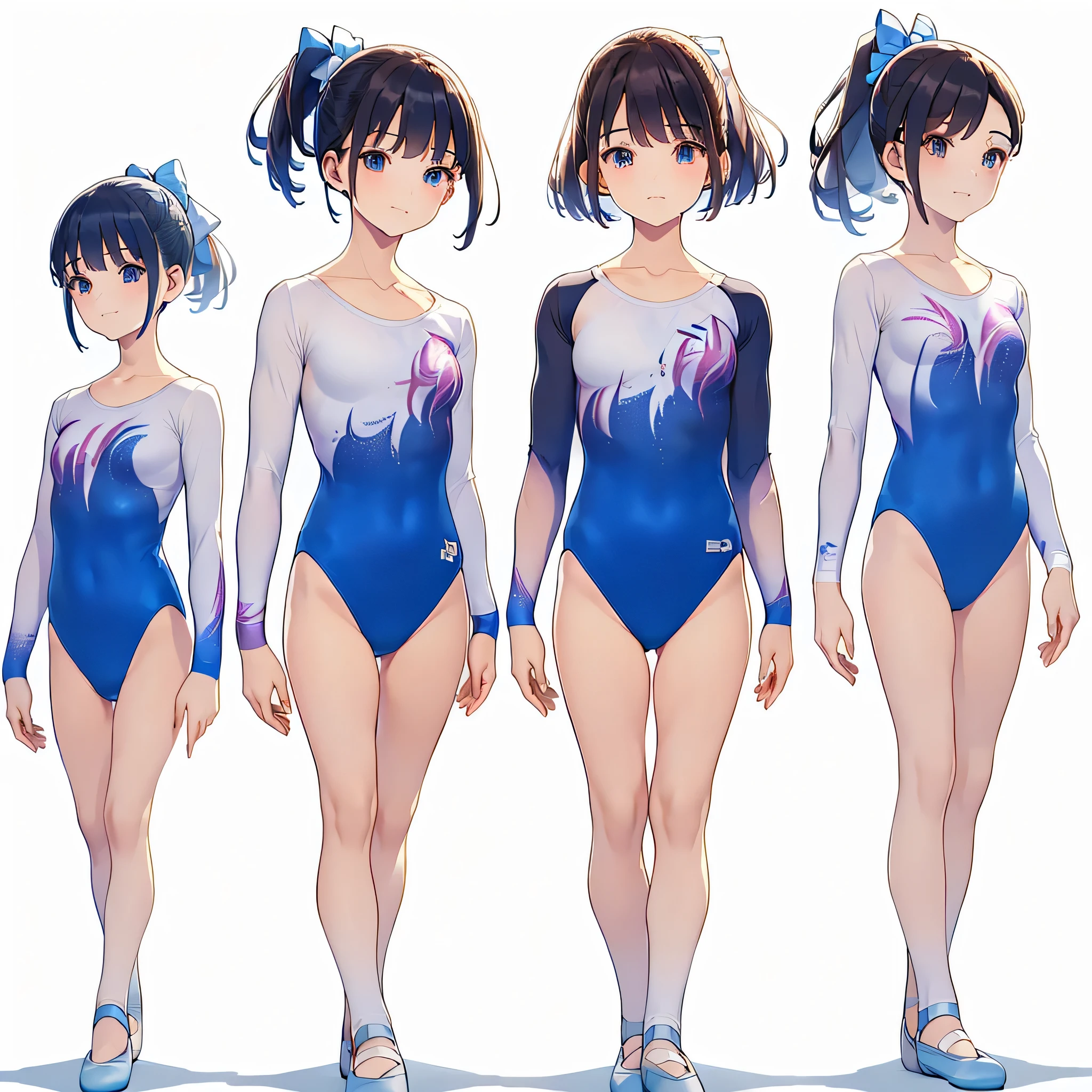 Gymnastics club,(4 girls:1.3),(long sleeves leotard:1.3),(solid leotard:1.3),(white leotard),full body, pony tail, blue ribbon, long hair,(body suit:1.2),(over ************, under 19 years old:1.2), ballet shoes, white background