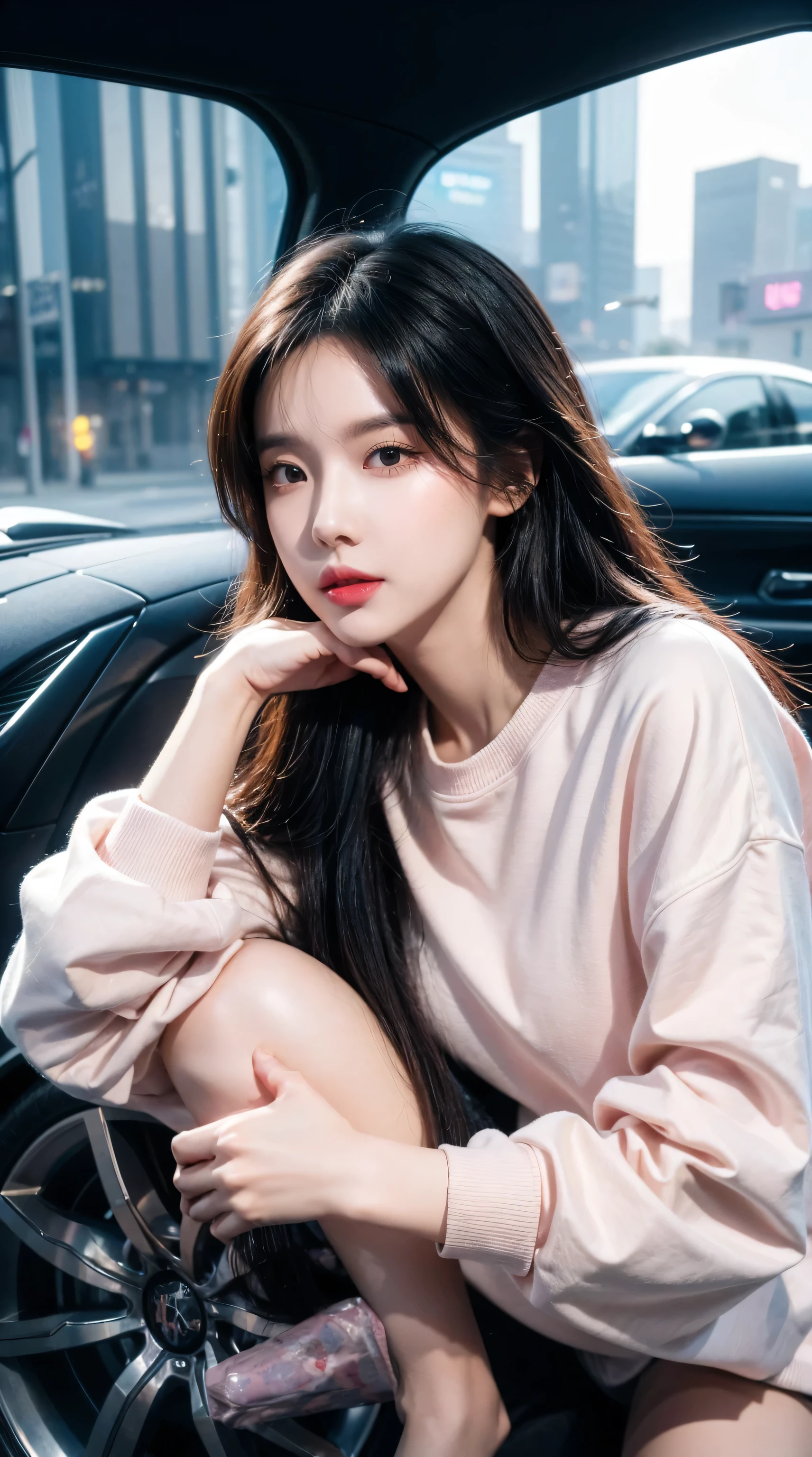 High angle shot of a beautiful young woman in cyberpunk style, Realistic skin texture, Look up;Inquire,Pink sweatshirt,Pose in the car, 1 / 2 Body cutting, 8 5mm art lens, 1. 2, Clear focus, 8k HD, Extremely detailed, Wheels within wheels, elegant, Liu Zhiwei and the Art of Cyberpunk