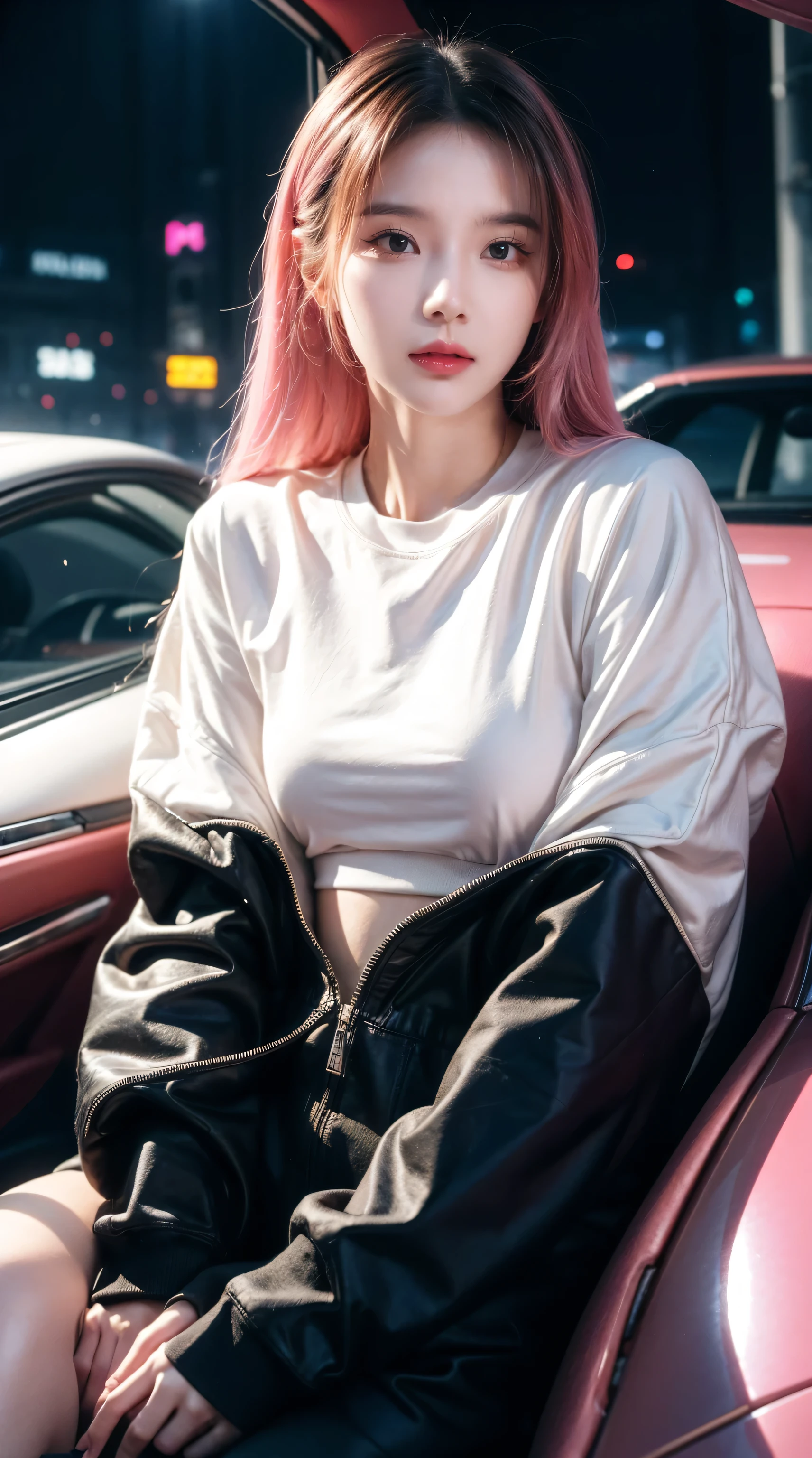 High angle shot of a beautiful young woman in cyberpunk style, Realistic skin texture, Look up;Inquire,Pink sweatshirt,Pose in the car, 1 / 2 Body cutting, 8 5mm art lens, 1. 2, Clear focus, 8k HD, Extremely detailed, Wheels within wheels, elegant, Liu Zhiwei and the Art of Cyberpunk