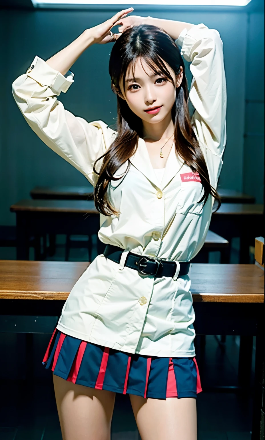 (8k, RAW Photos, Realistic:1.25) ,( Lip gloss, eyelash, Shining Face, Glowing Skin, highest quality, Ultra-high resolution, Written boundary depth, chromatic aberration, Caustics, Wide-area lighting, Natural Shading,K-POPアイドル) She looks calmly at the viewer., Happiness like a goddess., High school classroom, Sailor suit, mini skirt