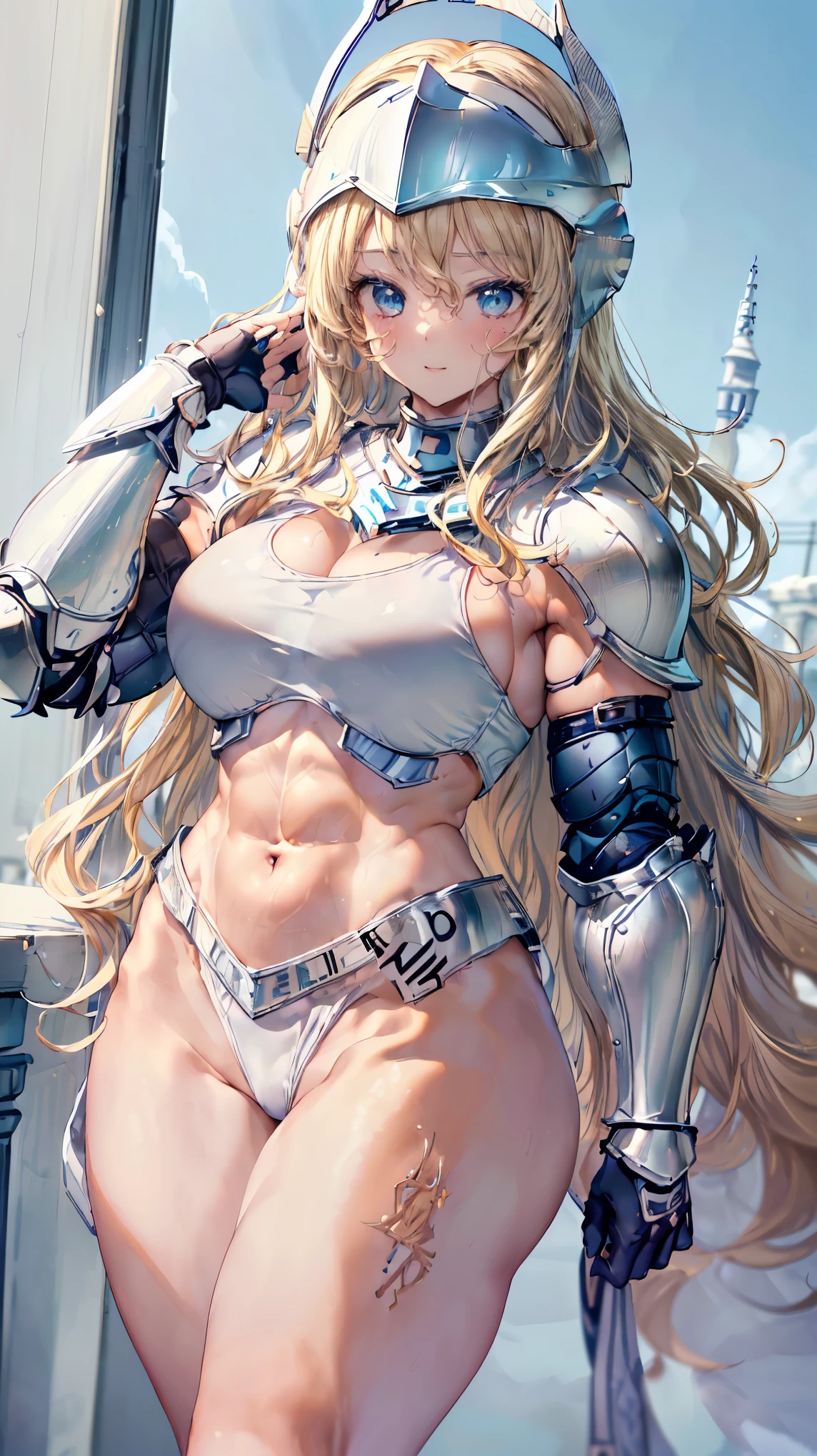 (Adult women:1.5)、Very detailed、highest quality、Best image quality、masterpiece、8k、Anime Face、A kind smile、(Open your mouth)、Sparkling blue eyes、(Blonde Wavy Hair:1.5)、、Muscles of the whole body、(High leg:1.5)、Thigh belt、(Wearing white bikini armor:1.5)、(Cowboy Shot:1.5)、(Leg armor:1.5)、(Wearing a helmet:1.5)