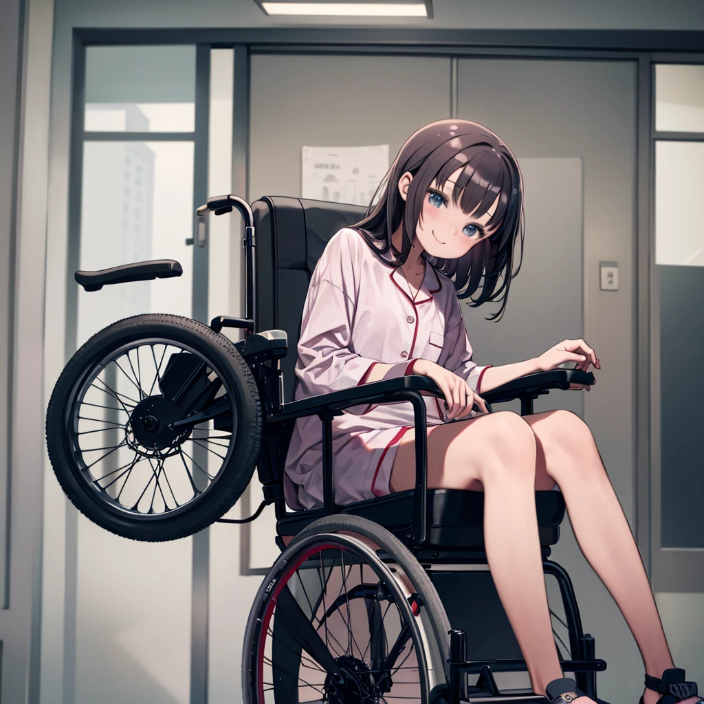 masterpiece、highest quality、High resolution、Very detailed、Medium wide shot、Girl、Sitting in a wheelchair、hospital、Hospitalized、Blame me people、Bandage on the leg、pajamas、smile、Watching the audience、
