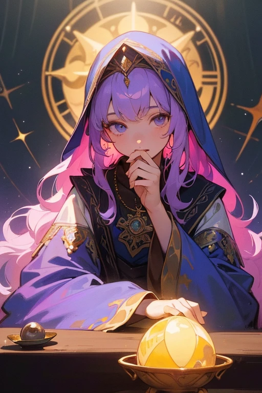 (masterpiece, highest quality, highest quality, official art, beautiful and aesthetic:1.2), (1 girl:1.3), wavy long hair, light purple hair, very detailed, portrait, looking at the viewer, alone, (whole body:0.6), detailed background, close, shining eyes,fortune teller, Mysterious, sitting at the table, colorful shoulderless loose gypsy fortune teller clothes, holy grail, crystal ball, Medieval (inner tent:1.1) background, tent curtains in background, dark Mysterious lighting, Shadow, magical atmosphere, starry night,, Dutch angle horoscope、Mysterious, Alphonse Mucha&#39;s Art Nouveau line, Art Nouveau line,　awesome full color,　watercolor painting　
