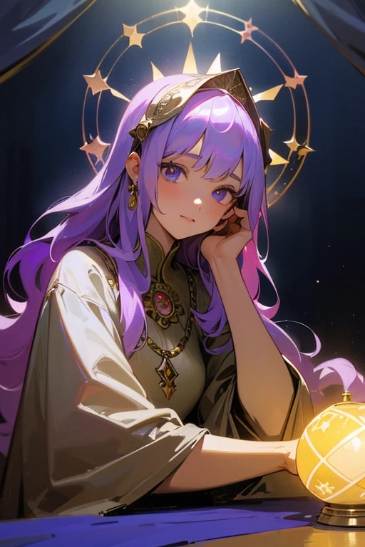 (masterpiece, highest quality, highest quality, official art, beautiful and aesthetic:1.2), (1 girl:1.3), wavy long hair, light purple hair, very detailed, portrait, looking at the viewer, alone, (whole body:0.6), detailed background, close, shining eyes,fortune teller, Mysterious, sitting at the table, colorful shoulderless loose gypsy fortune teller clothes, holy grail, crystal ball, Medieval (inner tent:1.1) background, tent curtains in background, dark Mysterious lighting, Shadow, magical atmosphere, starry night,, Dutch angle horoscope、Mysterious, Alphonse Mucha's Art Nouveau line, Art Nouveau line, awesome full color, watercolor painting