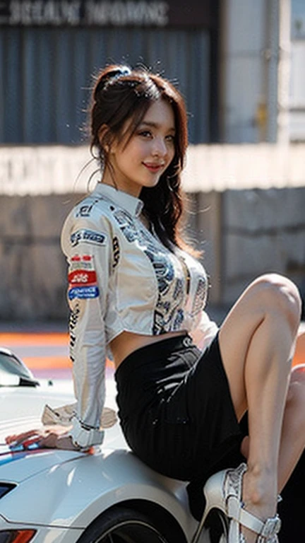 (High resolution 8K),( highest quality), Very detailed, (masterpiece), Realistic, Very detailedなかわいい女の子,( Age 25), (From the whole body to the toes:1.2),(From the side撮影する:1.2),(sitting on the hood of a car),(Race Queen),(Natural pose),(Expressive pose),(Big Breasts),(Big Ass),(Smiling for the camera),( Smiling while looking at the camera ),(Full Body Shot:1.2) ,(From the side:1.2),(ponytail),(photoRealistic:1.3),((Wear a sponsored grid girl costume,Logo is printed)), ((Logo Print Shorts)),(Participate in a motorsport race), (Look at me and smile),