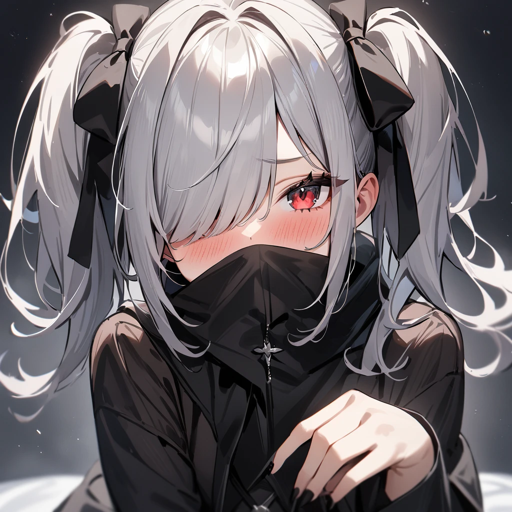 (One Girl),Gothic,Twin tails,Gray Hair, blush,Red Eye,Hair above one eye,masterpiece, best quality, very aesthetic, absurdres,Hide your mouth
