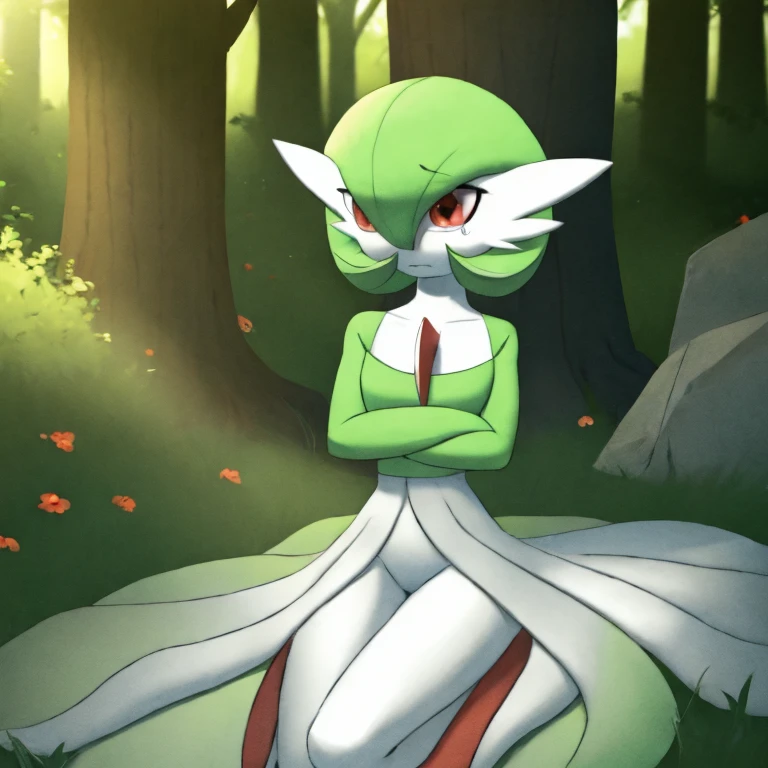 best quality, Gardevoir, pokemon, short height, red eyes, green hair, sad, crying, slim, slender body, skinny legs, looking at viewer, blurry background, outdoors, in forest, full body, slim, ((masterpiece)), best quality, 4k, cinematic lighting, ray tracing, reflected light, panorama, flat chest, high detailed illustration, high detailed background, hi-res, lying on the ground, no feet, on ground, bruised, wounded, white gardevoir dress, green top, legs together, bare legs, bare feet, curled up