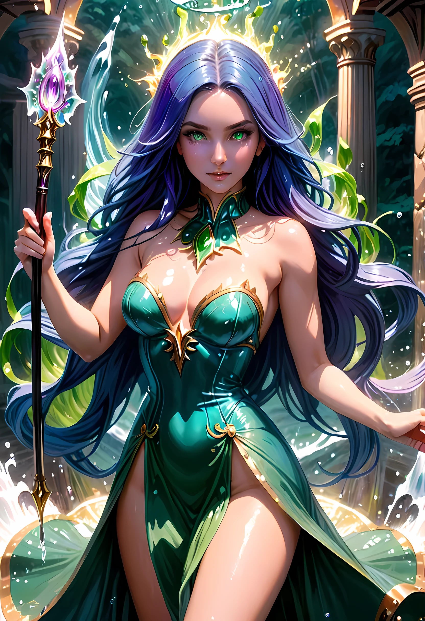 high details, best quality, 8k, [ultra detailed], masterpiece, best quality, (extremely detailed), full body, ultra wide shot, photorealistic, fantasy art, dnd art, rpg art, realistic art, an ultra wide picture of a female human (1.5 intricate details, Masterpiece, best quality) goddess of water  ((watery radiant aura)), controlling a swirling streams of watery magic (1.5 intricate details, Masterpiece, best quality), manipulating purple radiant magical symbols, [[divine symbols]] (1.5 intricate details, Masterpiece, best quality), human female, blue  hair, long hair with aura, hair with green radiant eyes, intense eyes, holding a trident, ((radiant eyes)), (( green glowing eyes)), dynamic clothing, fantasy sea background, stresms of sea water,  celestial  background, ((divine worship atmosphere)), high details, best quality, highres, ultra wide angle, crystalline dress, faize