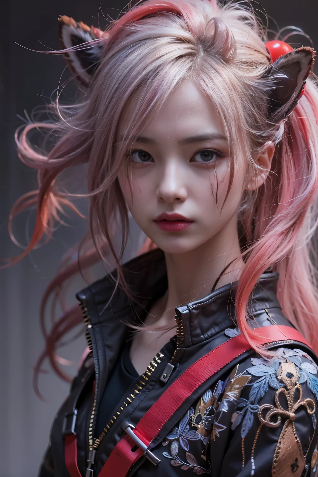 karate, ,( cry), Portrait of a person, Fantasy art, (cyber punk), A girl with fox ears and a fox tail,, Natural light, masterpiece, 1 beautiful girl, Detailed eyes, Swollen eyes, highest quality, A High resolution, Asian Beauties, Very very beautiful, Beautiful skins, Slender, Forward-facing body, (Surreal), (High resolution), (4K), (Very detailed),( Best illustrations), (Beautiful and detailed eyes), (Very detailed), Detailed face, Bright lighting, Professional Lighting, Vision, (lanthanum), ((warrior)),((Long Hair)),((cry)),((Colorful Hair)),((Red color splash)),One girl, (Short pigtails),Colorful Hair,flight, Short skirt,Pink ribbon,((16 year old female model)) ,Psychopath horror, Bloodstained、Drops of blood,( Stand neck long sleeve black jacket),(battlefield),( Dark Sky)