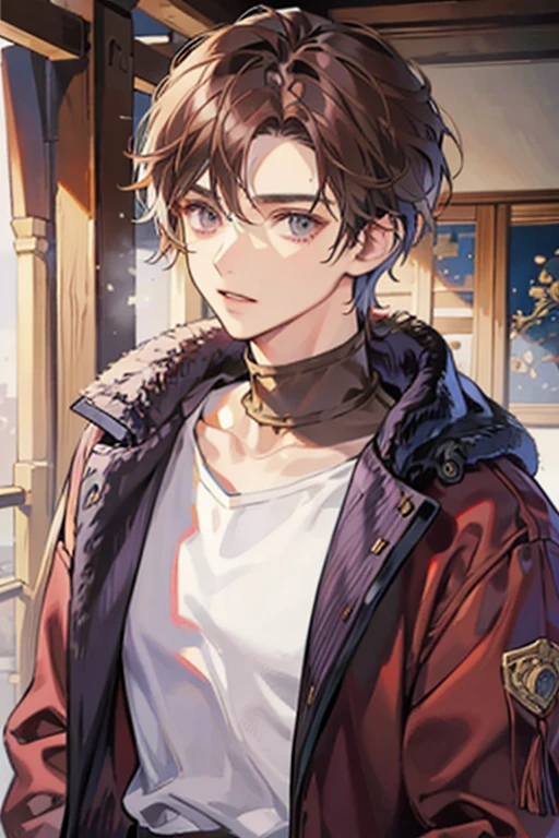 Chico, tierno, , ojos morados, brown hair, mechas en el cabello amarillas, purple sweater, bufanda alrededor del cuello, pointing out something.