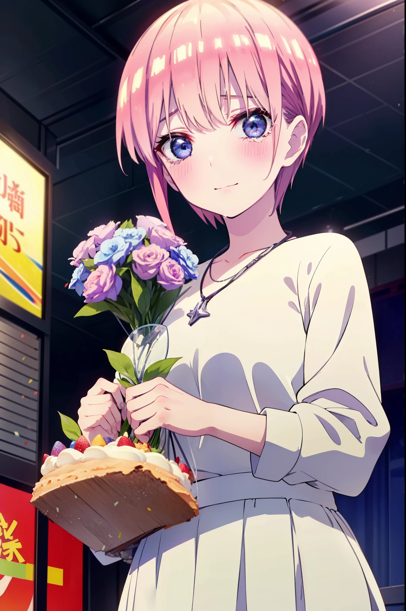 ichikanakano, ichika nakano, short hair, bangs, blue eyes, Hair between the eyes, smile,Pink Hair,,smile,blush,白色No sleeveドレス,Long skirt,White stiletto heels,No sleeve,naked,nakedの腕,nakedの首,nakedの鎖骨,holding a large bouquet of flowers in each hand,Locket Necklace,Confetti,There is a birthday cake on the table,Tears stream down her face,Sad and crying,Cry a lot,So that the whole body goes into the illustration,
break indoors, on stage,venue,
break looking at viewer, (Cowboy Shot:1.5),
break (masterpiece:1.2), highest quality, High resolution, unity 8k wallpaper, (shape:0.8), (Beautiful details:1.6), Highly detailed face, Perfect lighting, Highly detailed CG, (Perfect hands, Perfect Anatomy),