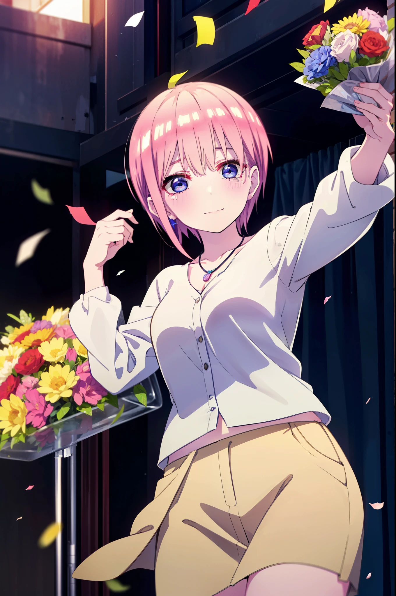ichikanakano, ichika nakano, short hair, bangs, blue eyes, Hair between the eyes, smile,Pink Hair,,smile,blush,白色No sleeveドレス,Long skirt,White stiletto heels,No sleeve,naked,nakedの腕,nakedの首,nakedの鎖骨,holding a large bouquet of flowers in each hand,Locket Necklace,Confetti,There is a birthday cake on the table,Tears stream down her face,Sad and crying,Cry a lot,So that the whole body goes into the illustration,
break indoors, on stage,venue,
break looking at viewer, (Cowboy Shot:1.5),
break (masterpiece:1.2), highest quality, High resolution, unity 8k wallpaper, (shape:0.8), (Beautiful details:1.6), Highly detailed face, Perfect lighting, Highly detailed CG, (Perfect hands, Perfect Anatomy),