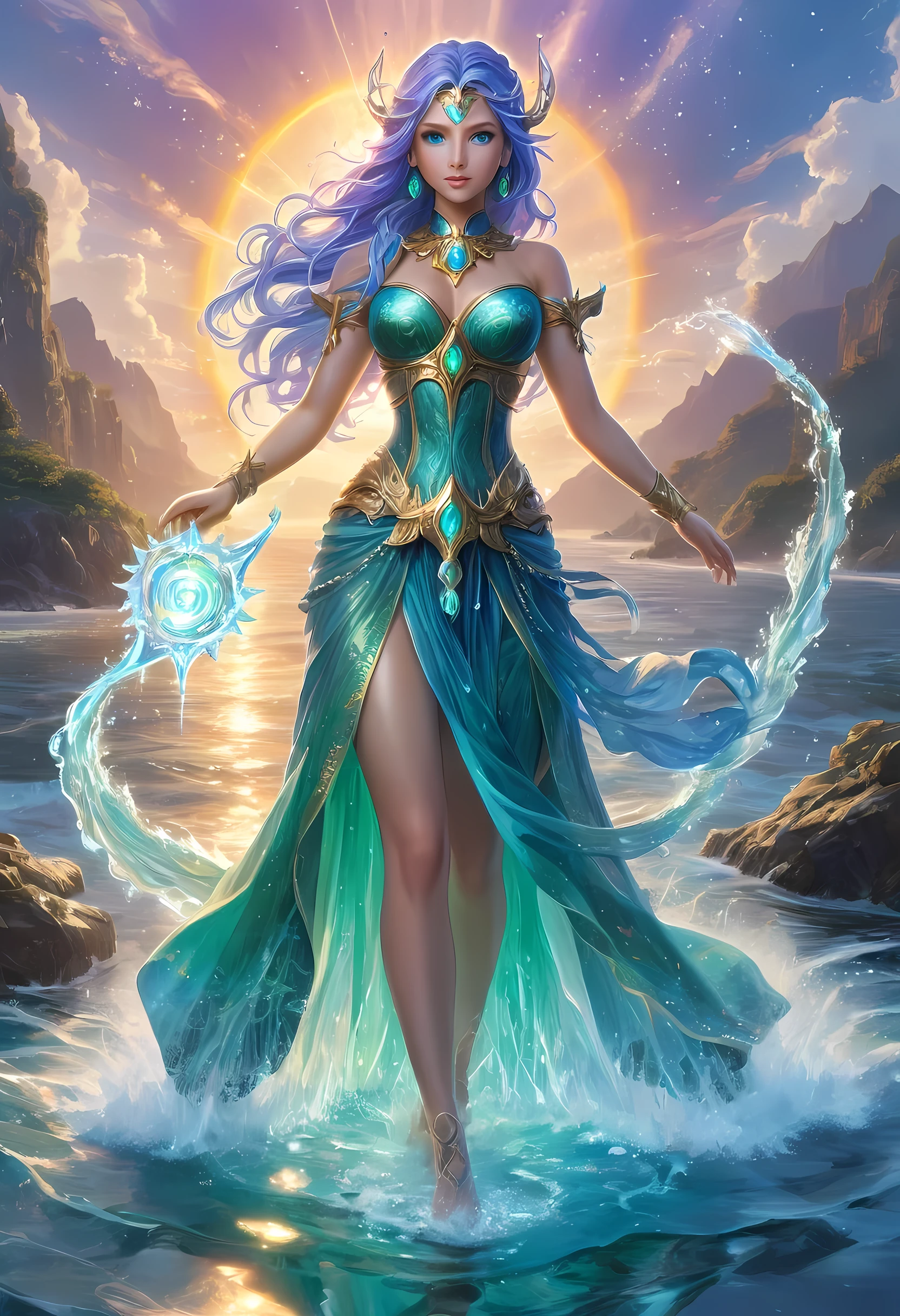 high details, best quality, 8k, [ultra detailed], masterpiece, best quality, (extremely detailed), full body, ultra wide shot, photorealistic, fantasy art, dnd art, rpg art, realistic art, an ultra wide picture of a female human (1.5 intricate details, Masterpiece, best quality) goddess of water  ((watery radiant aura)), controlling a swirling streams of watery magic (1.5 intricate details, Masterpiece, best quality), manipulating purple radiant magical symbols, [[divine symbols]] (1.5 intricate details, Masterpiece, best quality), human female, blue  hair, long hair with aura, hair with green radiant eyes, intense eyes, holding a trident, ((radiant eyes)), (( green glowing eyes)), dynamic clothing, fantasy sea background, stresms of sea water,  celestial  background, ((divine worship atmosphere)), high details, best quality, highres, ultra wide angle, crystalline dress, faize