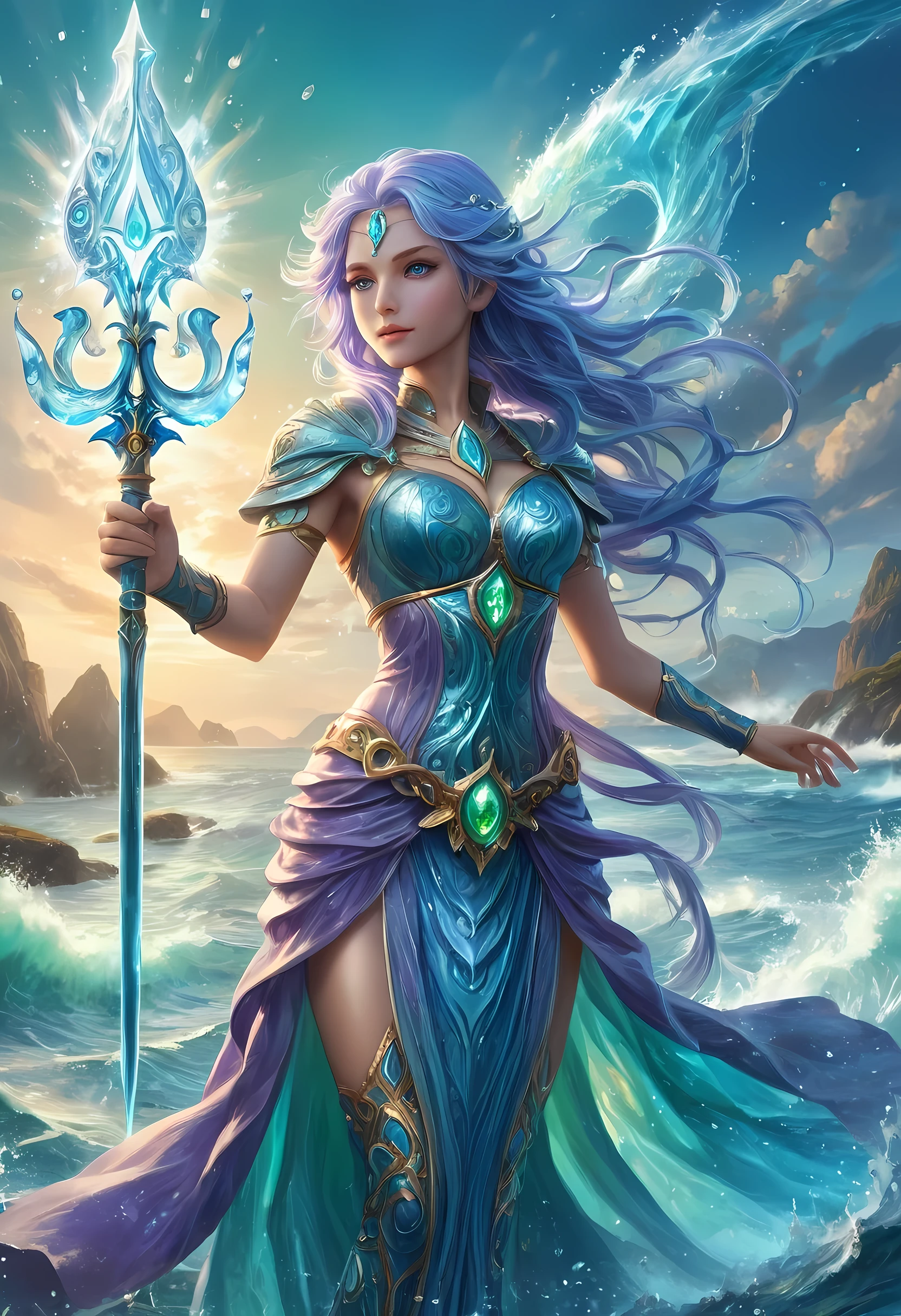 high details, best quality, 8k, [ultra detailed], masterpiece, best quality, (extremely detailed), full body, ultra wide shot, photorealistic, fantasy art, dnd art, rpg art, realistic art, an ultra wide picture of a female human (1.5 intricate details, Masterpiece, best quality) goddess of water  ((watery radiant aura)), controlling a swirling streams of watery magic (1.5 intricate details, Masterpiece, best quality), manipulating purple radiant magical symbols, [[divine symbols]] (1.5 intricate details, Masterpiece, best quality), human female, blue  hair, long hair with aura, hair with green radiant eyes, intense eyes, holding a trident, ((radiant eyes)), (( green glowing eyes)), dynamic clothing, fantasy sea background, stresms of sea water,  celestial  background, ((divine worship atmosphere)), high details, best quality, highres, ultra wide angle, crystalline dress, faize