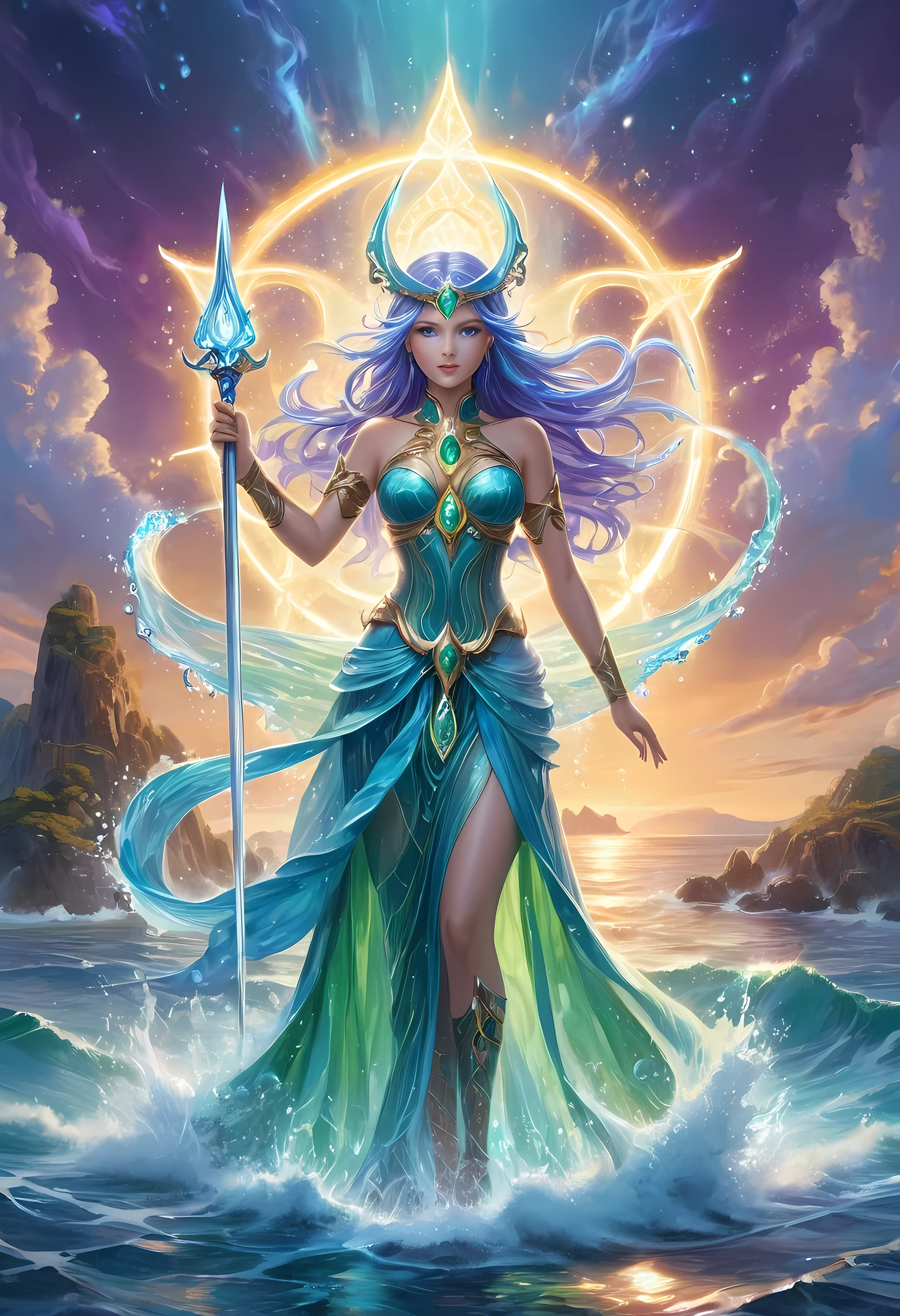 high details, best quality, 8k, [ultra detailed], masterpiece, best quality, (extremely detailed), full body, ultra wide shot, photorealistic, fantasy art, dnd art, rpg art, realistic art, an ultra wide picture of a female human (1.5 intricate details, Masterpiece, best quality) goddess of water  ((watery radiant aura)), controlling a swirling streams of watery magic (1.5 intricate details, Masterpiece, best quality), manipulating purple radiant magical symbols, [[divine symbols]] (1.5 intricate details, Masterpiece, best quality), human female, blue  hair, long hair with aura, hair with green radiant eyes, intense eyes, holding a trident, ((radiant eyes)), (( green glowing eyes)), dynamic clothing, fantasy sea background, stresms of sea water,  celestial  background, ((divine worship atmosphere)), high details, best quality, highres, ultra wide angle, crystalline dress, faize