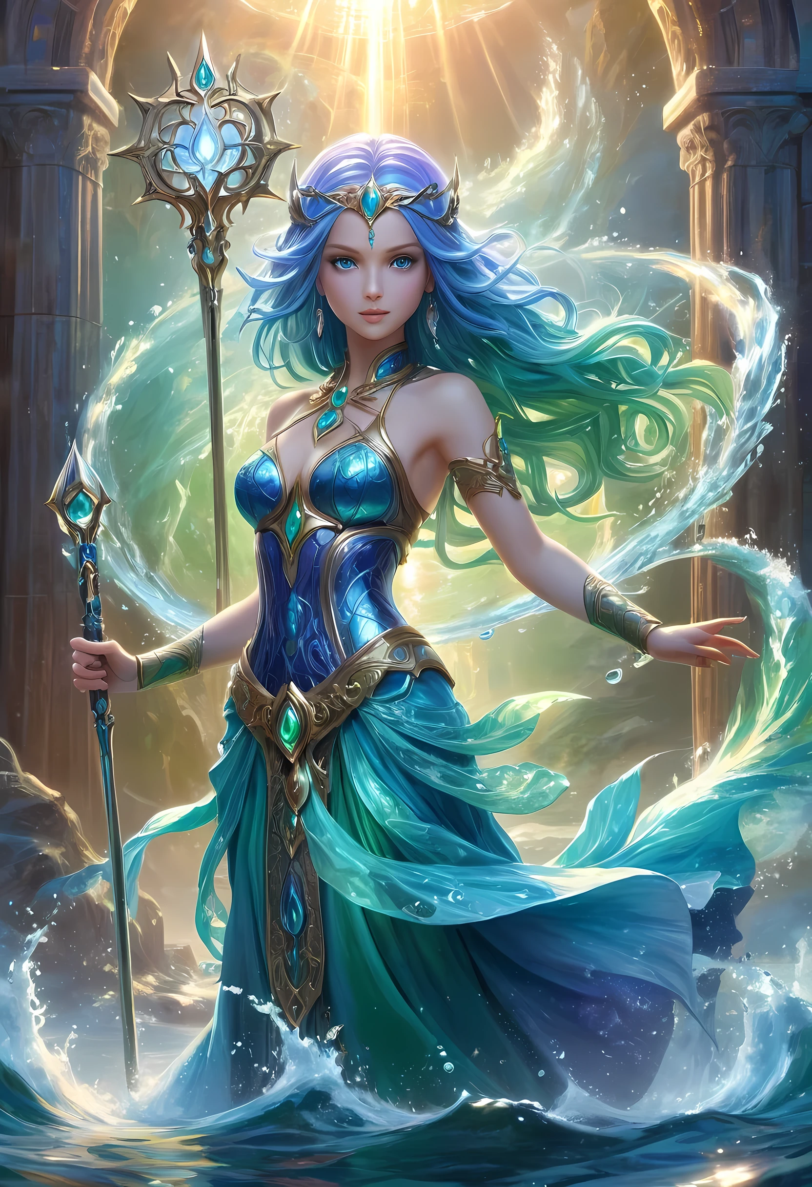 high details, best quality, 8k, [ultra detailed], masterpiece, best quality, (extremely detailed), full body, ultra wide shot, photorealistic, fantasy art, dnd art, rpg art, realistic art, an ultra wide picture of a female human (1.5 intricate details, Masterpiece, best quality) goddess of water  ((watery radiant aura)), controlling a swirling streams of watery magic (1.5 intricate details, Masterpiece, best quality), manipulating purple radiant magical symbols, [[divine symbols]] (1.5 intricate details, Masterpiece, best quality), human female, blue  hair, long hair with aura, hair with green radiant eyes, intense eyes, holding a trident, ((radiant eyes)), (( green glowing eyes)), dynamic clothing, fantasy sea background, stresms of sea water,  celestial  background, ((divine worship atmosphere)), high details, best quality, highres, ultra wide angle, crystalline dress, faize
