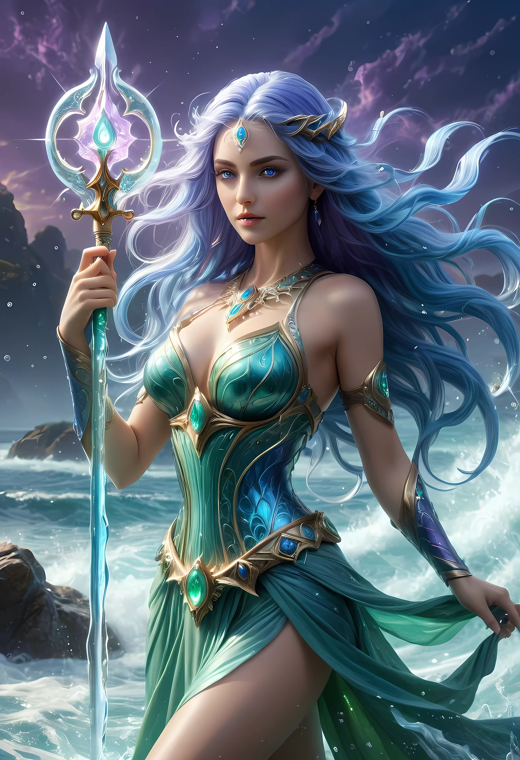 high details, best quality, 8k, [ultra detailed], masterpiece, best quality, (extremely detailed), full body, ultra wide shot, photorealistic, fantasy art, dnd art, rpg art, realistic art, an ultra wide picture of a female human (1.5 intricate details, Masterpiece, best quality) goddess of water  ((watery radiant aura)), controlling a swirling streams of watery magic (1.5 intricate details, Masterpiece, best quality), manipulating purple radiant magical symbols, [[divine symbols]] (1.5 intricate details, Masterpiece, best quality), human female, blue  hair, long hair with aura, hair with green radiant eyes, intense eyes, holding a trident, ((radiant eyes)), (( green glowing eyes)), dynamic clothing, fantasy sea background, stresms of sea water,  celestial  background, ((divine worship atmosphere)), high details, best quality, highres, ultra wide angle, crystalline dress, faize