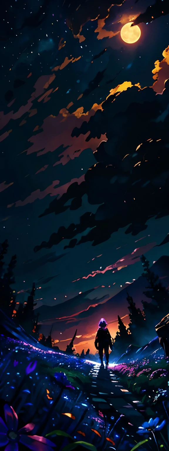 expansive landscape photograph , (a view from below that shows sky above and open field below), a girl standing on flower field looking up, (full moon:1.2), ( shooting stars:0.9), (nebula:1.3), distant mountain, tree BREAK
production art, (warm light source:1.2), (Firefly:1.2), lamp, lot of purple and orange, intricate details, volumetric lighting BREAK
(masterpiece:1.2), (best quality), 4k, ultra-detailed, (dynamic composition:1.4), highly detailed, colorful details,( iridescent colors:1.2), (glowing lighting, atmospheric lighting), dreamy, magical, (solo:1.2)