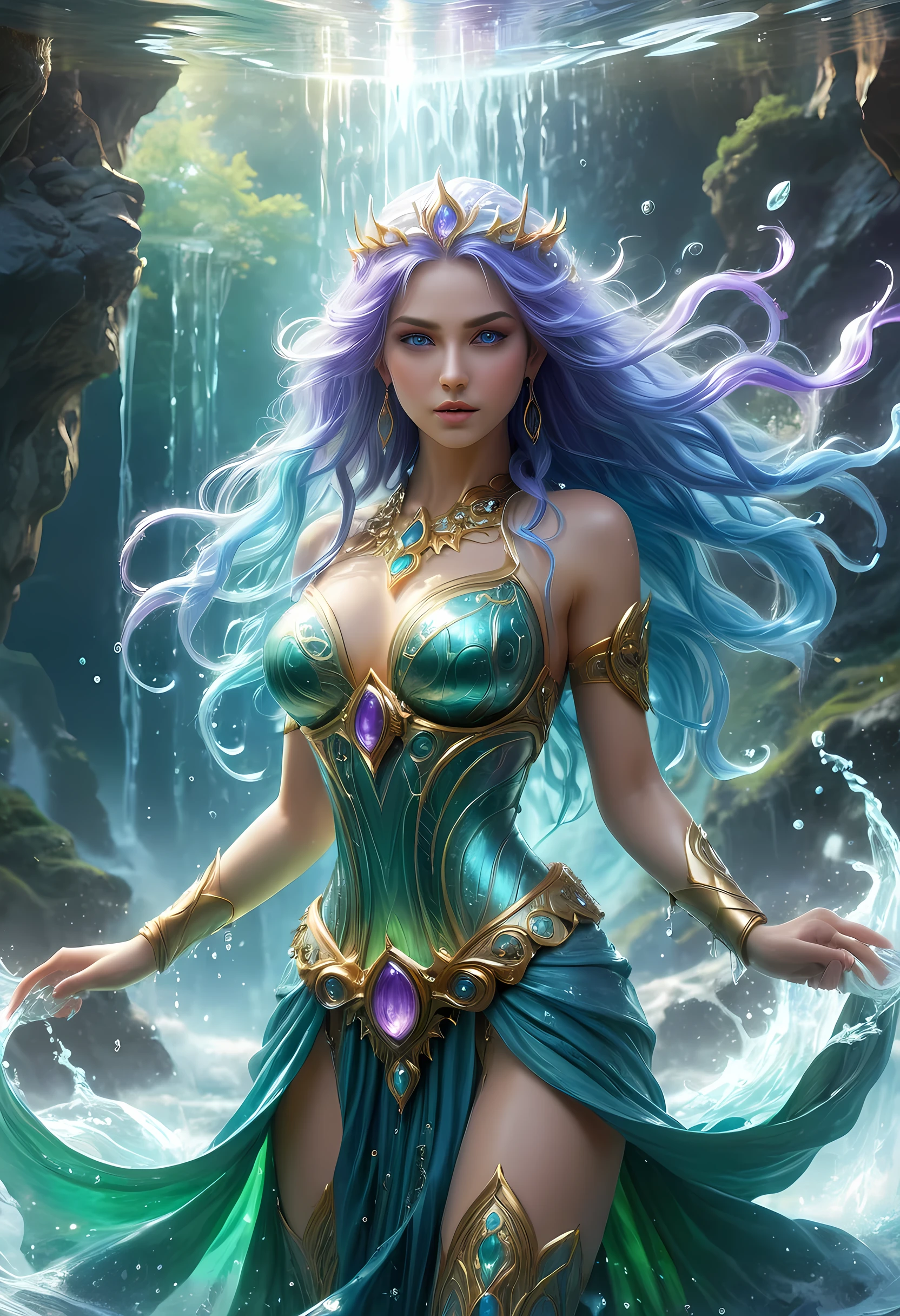 high details, best quality, 8k, [ultra detailed], masterpiece, best quality, (extremely detailed), full body, ultra wide shot, photorealistic, fantasy art, dnd art, rpg art, realistic art, an ultra wide picture of a female human (1.5 intricate details, Masterpiece, best quality) goddess of water  ((watery radiant aura)), controlling a swirling streams of watery magic (1.5 intricate details, Masterpiece, best quality), manipulating purple radiant magical symbols, [[divine symbols]] (1.5 intricate details, Masterpiece, best quality), human female, blue  hair, long hair with aura, hair with green radiant eyes, intense eyes, holding a trident, ((radiant eyes)), (( green glowing eyes)), dynamic clothing, fantasy sea background, stresms of sea water,  celestial  background, ((divine worship atmosphere)), high details, best quality, highres, ultra wide angle, crystalline dress, faize