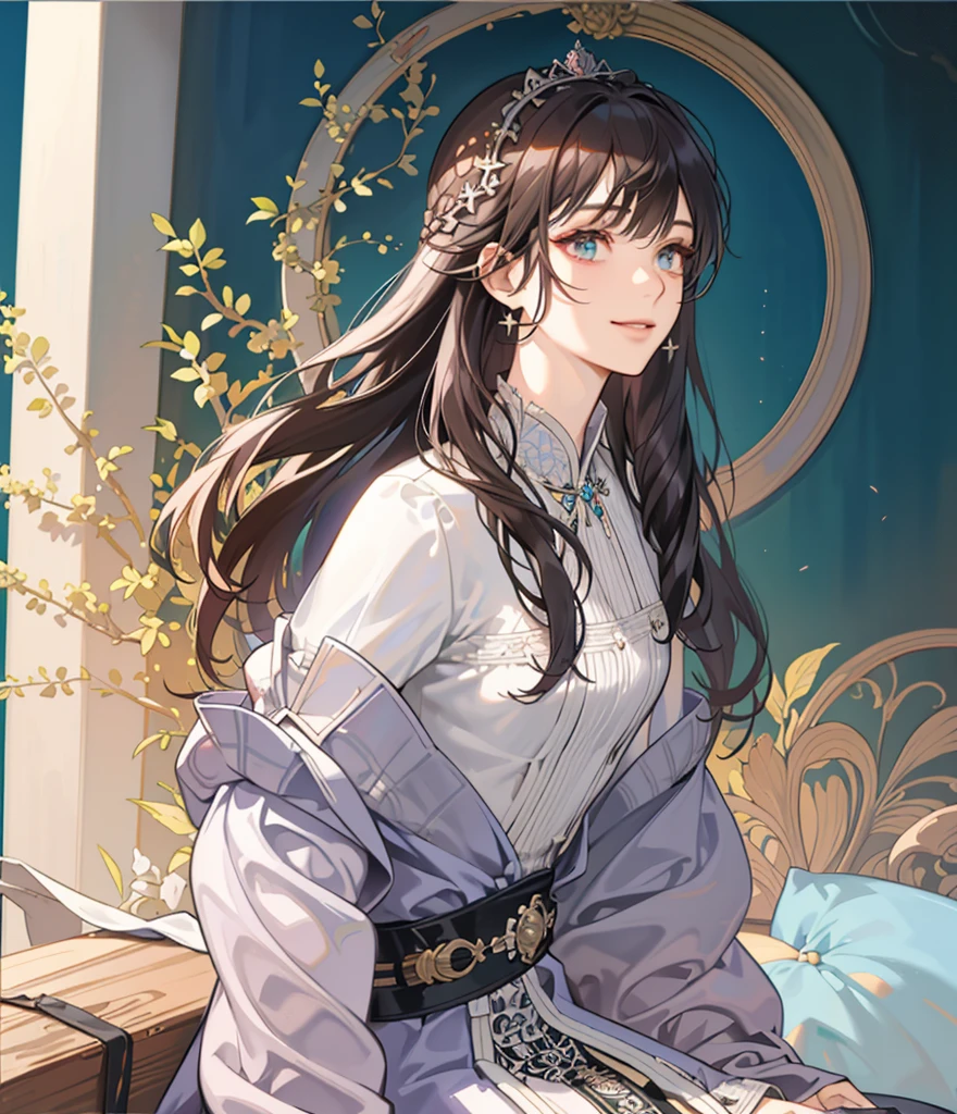 (Masterpiece, High quality, high resolution, Highest quality), (Master's work),
(zentangle: 1.2), 3 women, vtuber, Face Focused, Close up, Face only, Various types of faces, front angle, Front-facing, delicated face, Very delicate face, Very delicate hair, Fancy hair, Creative hairstyles, atractive Face, Noble, Princess, Negative space, Tindall effect, Bright background, 30s,, (Slender face), Smile, Raised bangs, Long hair, ((Adult)), Upper body,brunette color hair