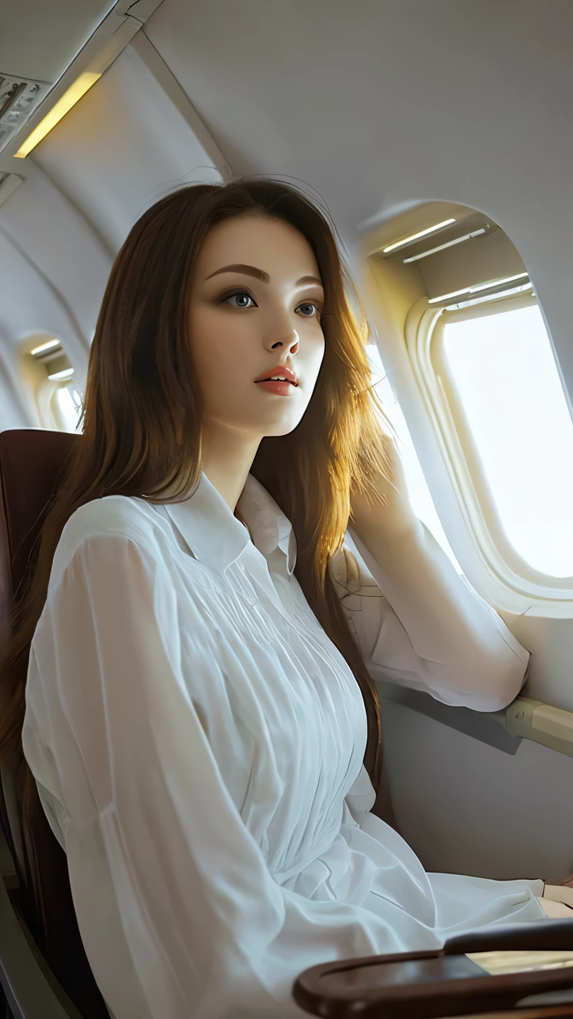 Beautyful woman sitting inside the plane (high quality)