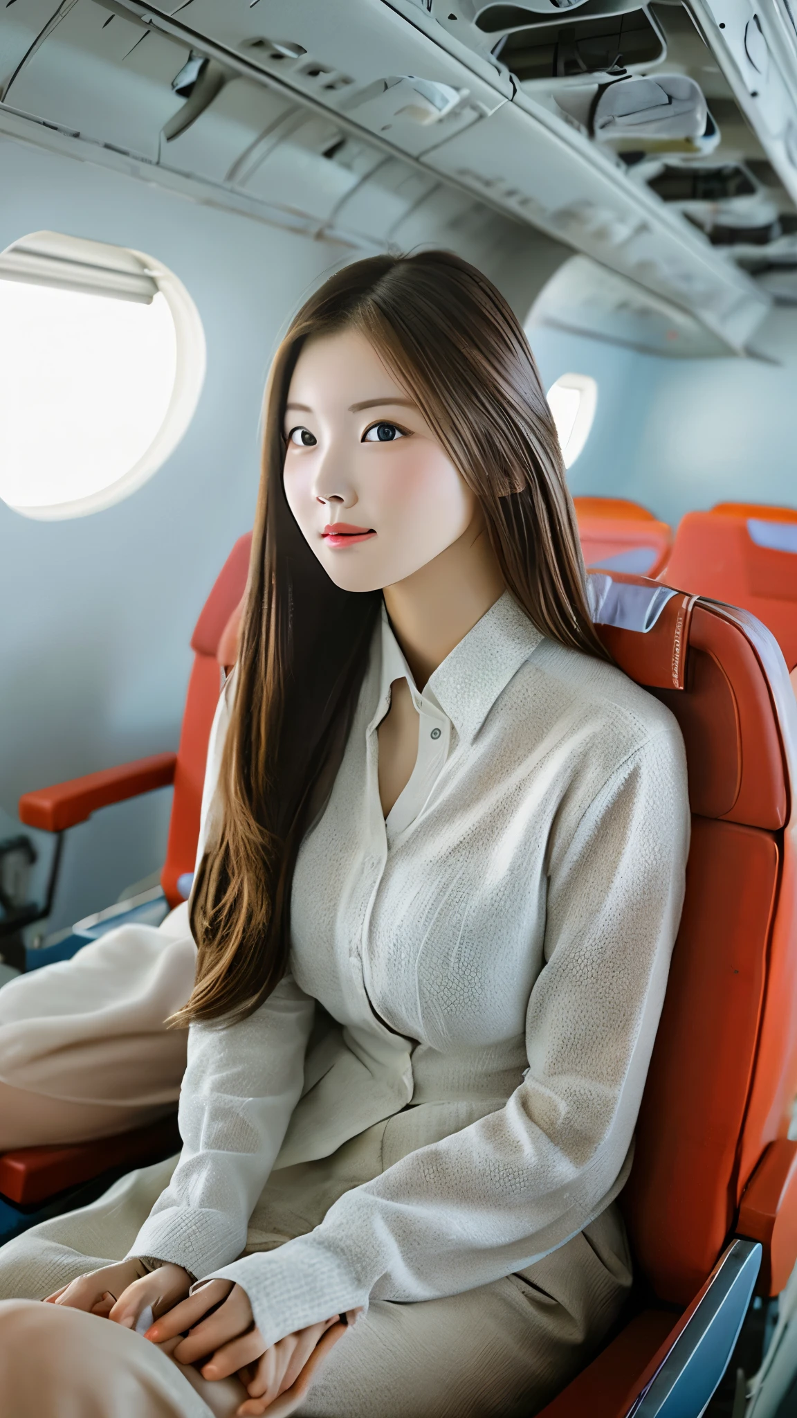 Beautyful woman sitting inside the plane (high quality)