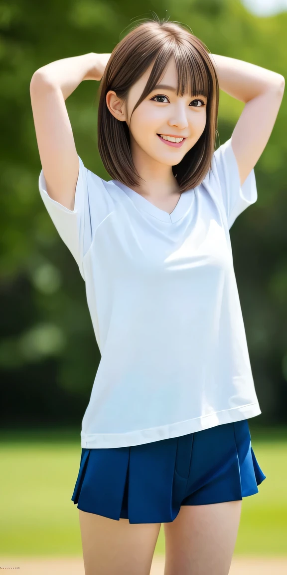 neat college girl、(white t-shirts、The skirt is dark blue、shortsleeves)、Outside the field、(Slimed)、Photorealsitic、detaileds, Skin Texture, ultra-detailliert、Delicate and sexy collarbone、A smile、Super Detailed Face、Detailed lips、A detailed eye、二重まぶた、tiny chest、Smaller chest、small tit、Small、flat breast、Chest emphasis、Delicate body