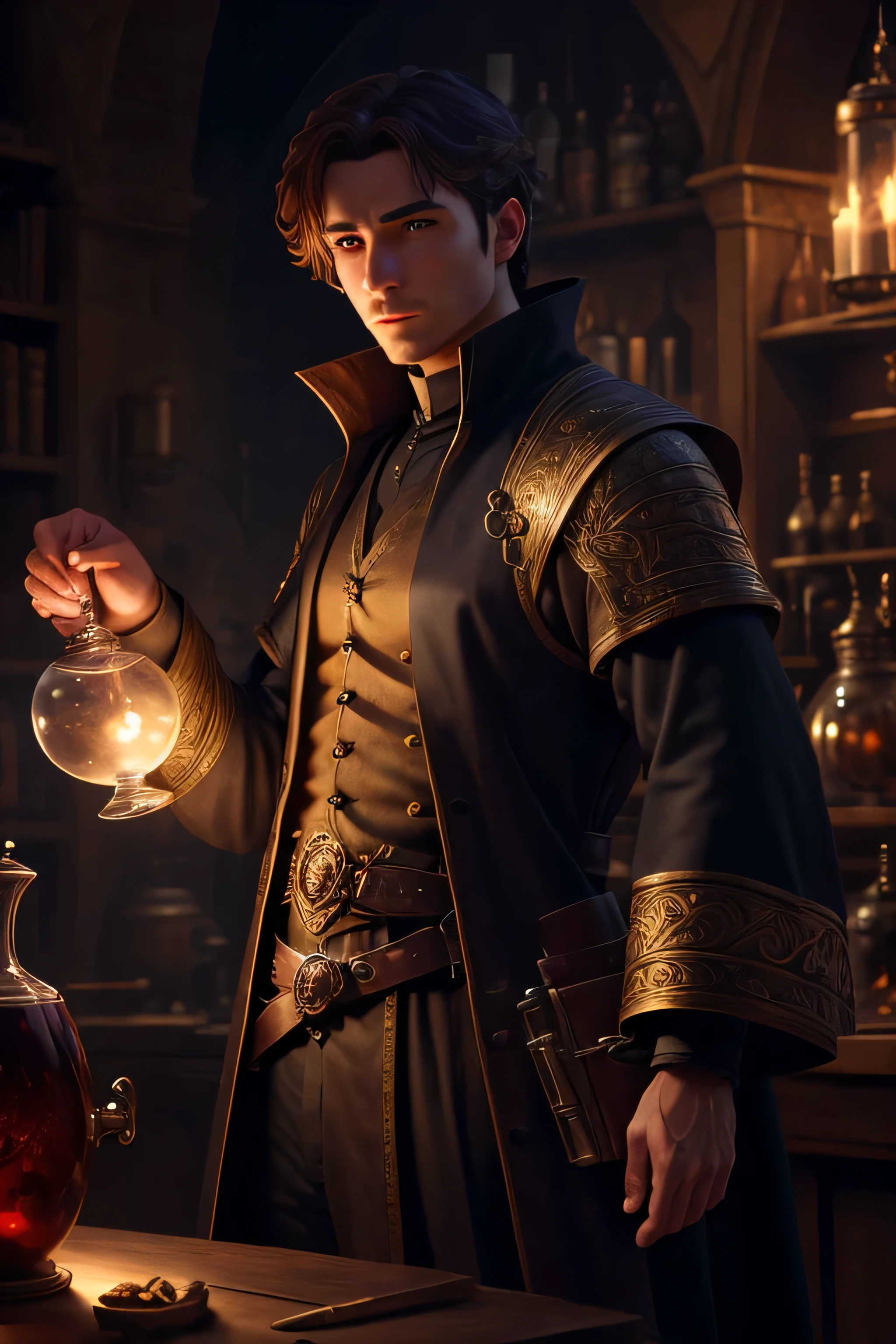 1 male alchemist, absurdres, high res, ultrasharp, 8K, masterpiece, the image should be of absurd resolution and high detail. It should be ultra-sharp and available in 8K resolution, representing a masterpiece in image quality.